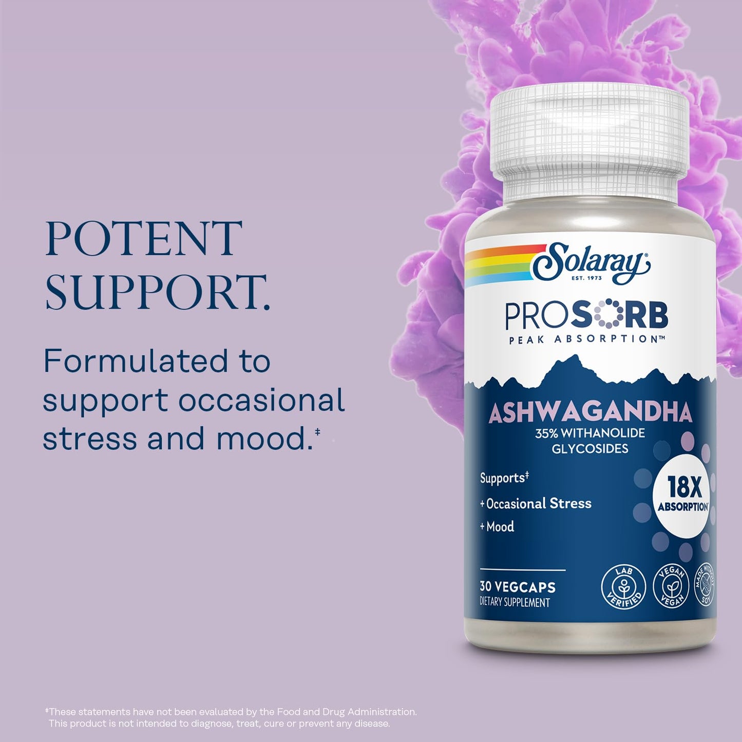 SOLARAY Ashwagandha Capsules 18X Absorption - Ashwagandha Root and Leaf Extract 240 mg - Occasional Stress Relief and Mood Support Supplement - Vegan, 60-Day Guarantee - 30 Servings, 30 VegCaps - Medaid International