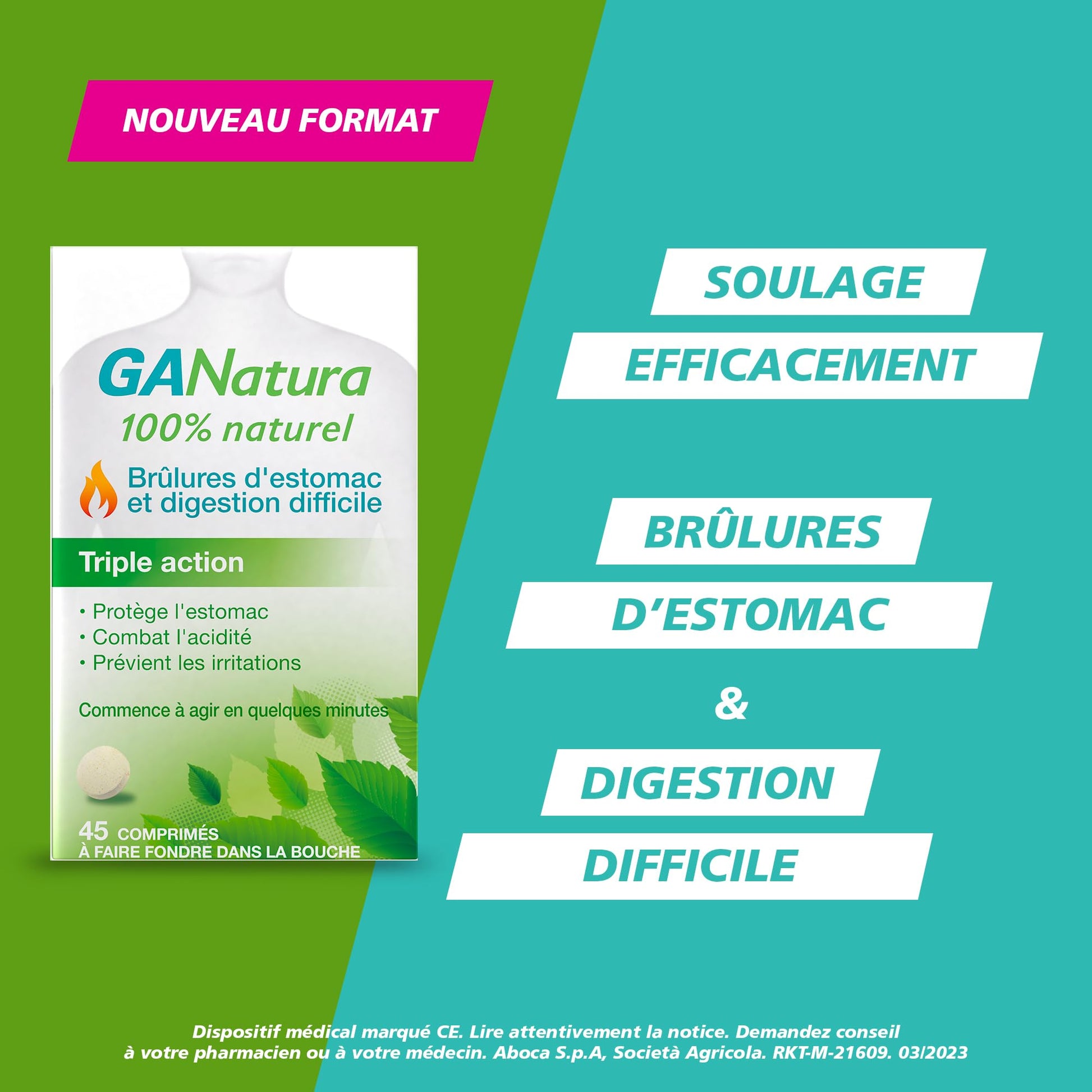 GANatura - 100% Naturel - Brûlures d'estomac et digestion difficile - 45 Comprimés - Medaid International