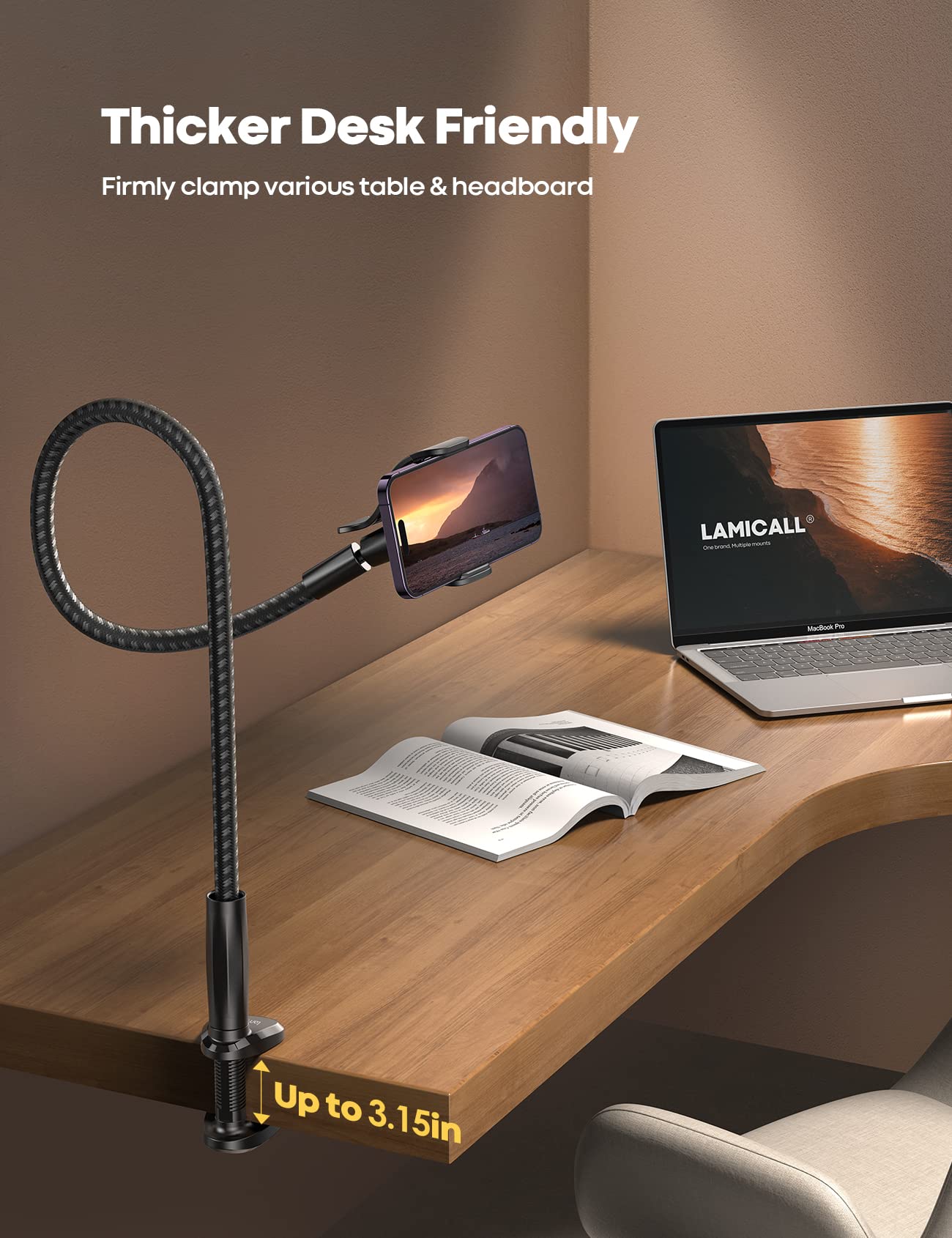 Lamicall Gooseneck Phone Holder Bed - [Nylon Braided] Flexible Arm, 38inch Overall Length, 360 Adjustable Clamp Clip, Overhead Cell Phone Mount Stand for Bed, Desk, 4-7” Cellphone - Medaid International