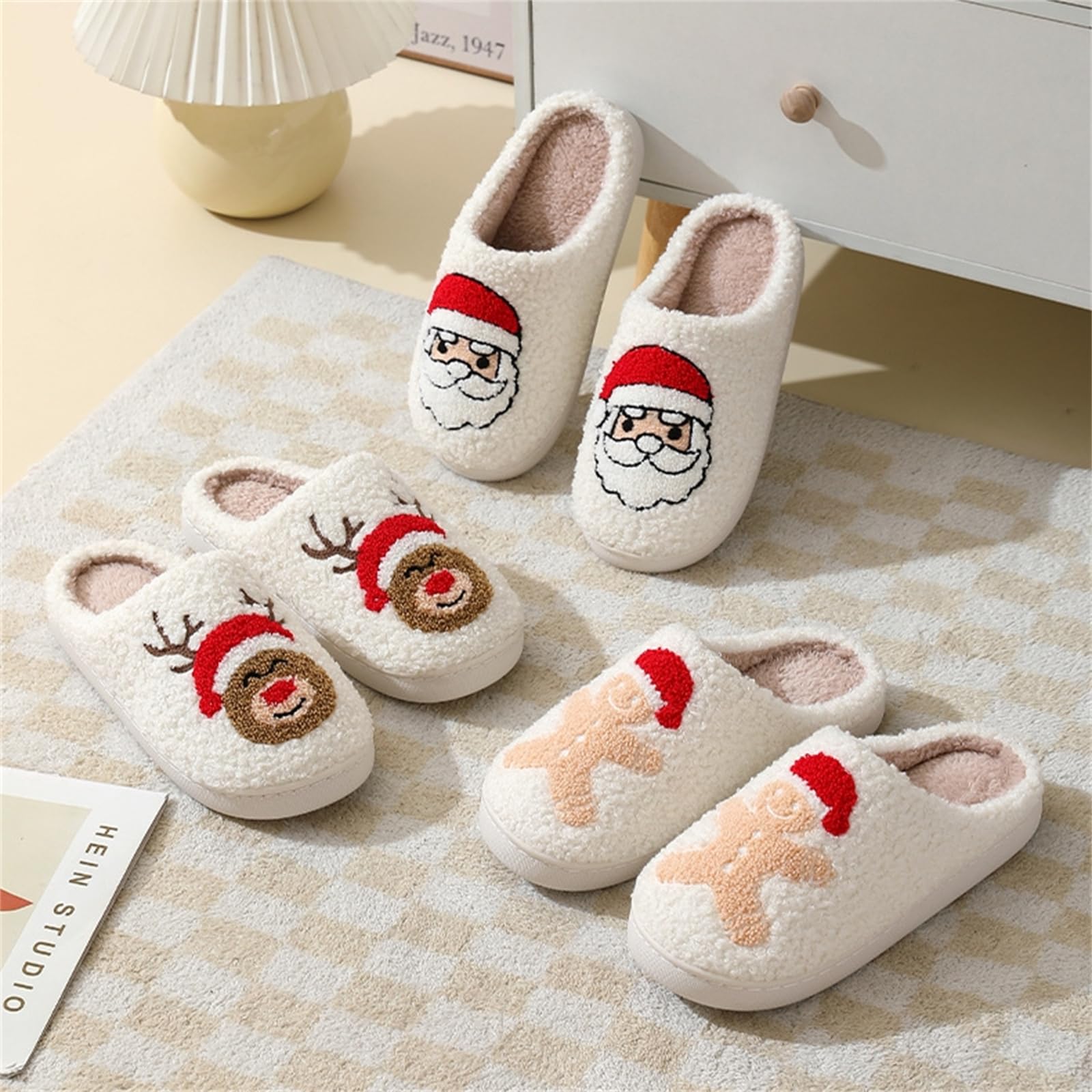 Christmas Slippers Cute Pattern Gingerbread Man Red Santa Hat Warm Soft Bedroom Shoes Fuzzy Closed Toe Sandals Non Slip House Bedroom - Medaid International