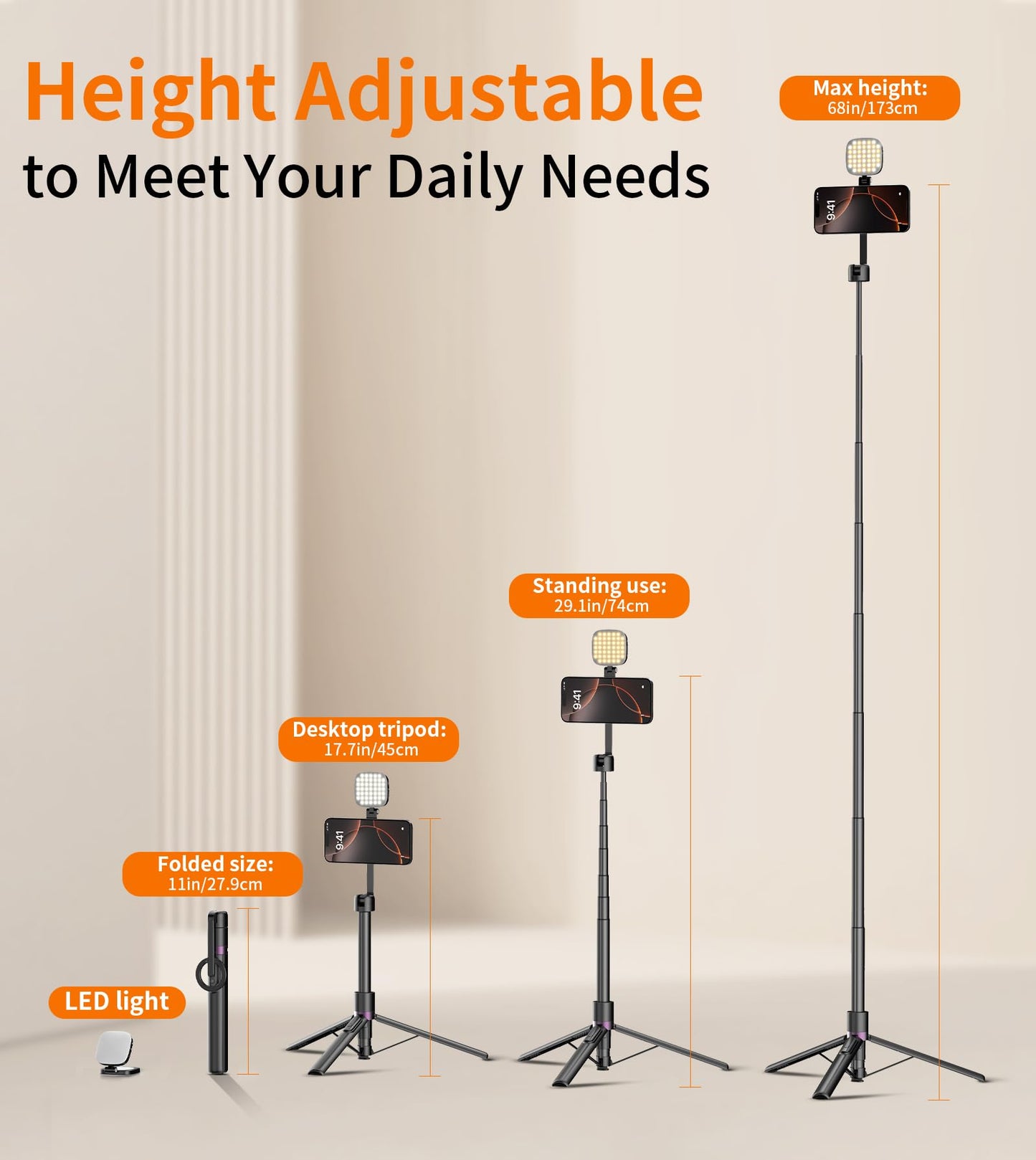 TONEOF 173cm Magnetic Mobile Phone Tripie with Light, 360° Rotating Selfie Stick Tripod, Mobile Phone Tripod with Metal Ring and Remote Control, Video Kit Compatible with iPhone and Android - Medaid International