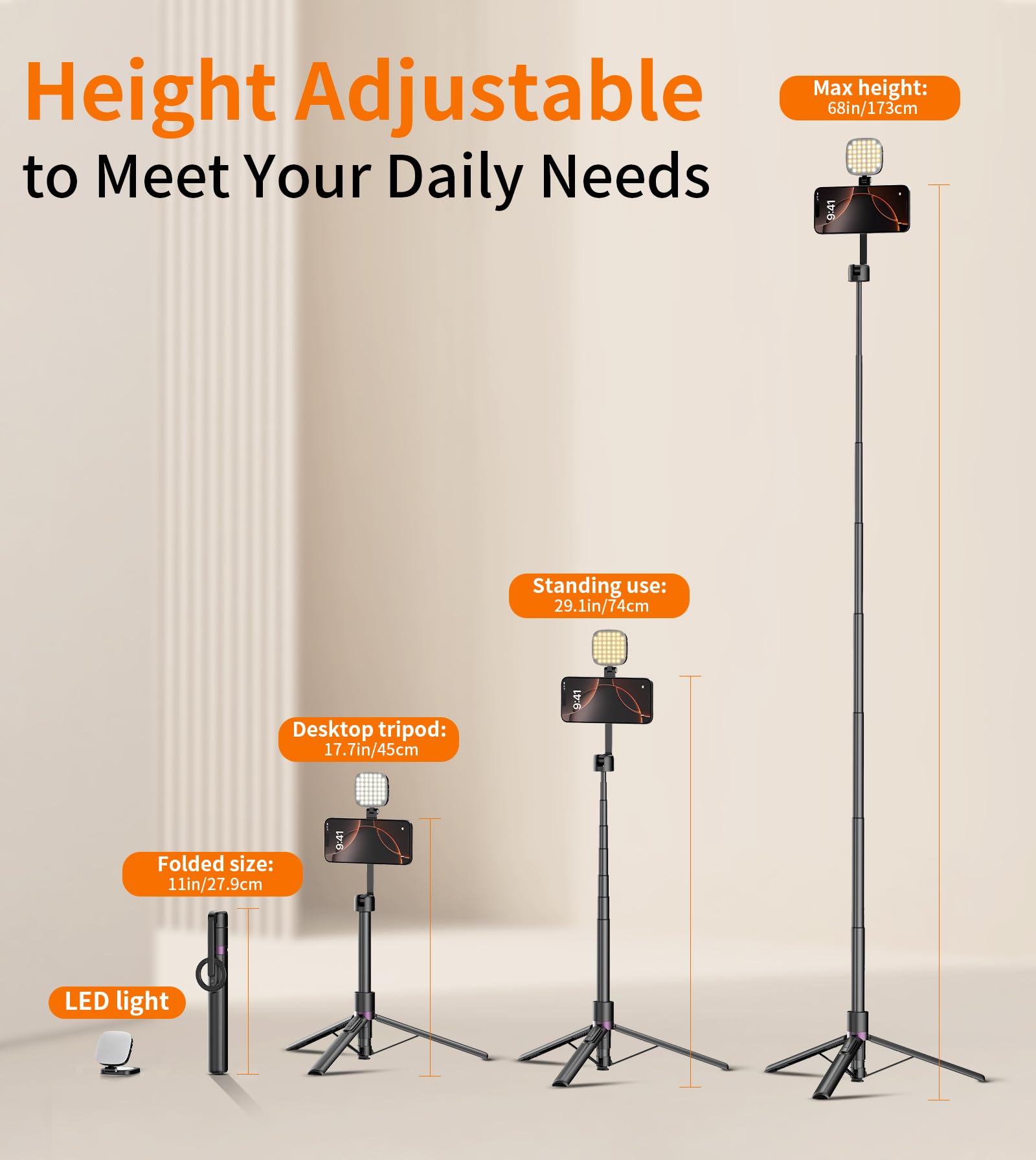 TONEOF 173cm Magnetic Mobile Phone Tripie with Light, 360° Rotating Selfie Stick Tripod, Mobile Phone Tripod with Metal Ring and Remote Control, Video Kit Compatible with iPhone and Android - Medaid International