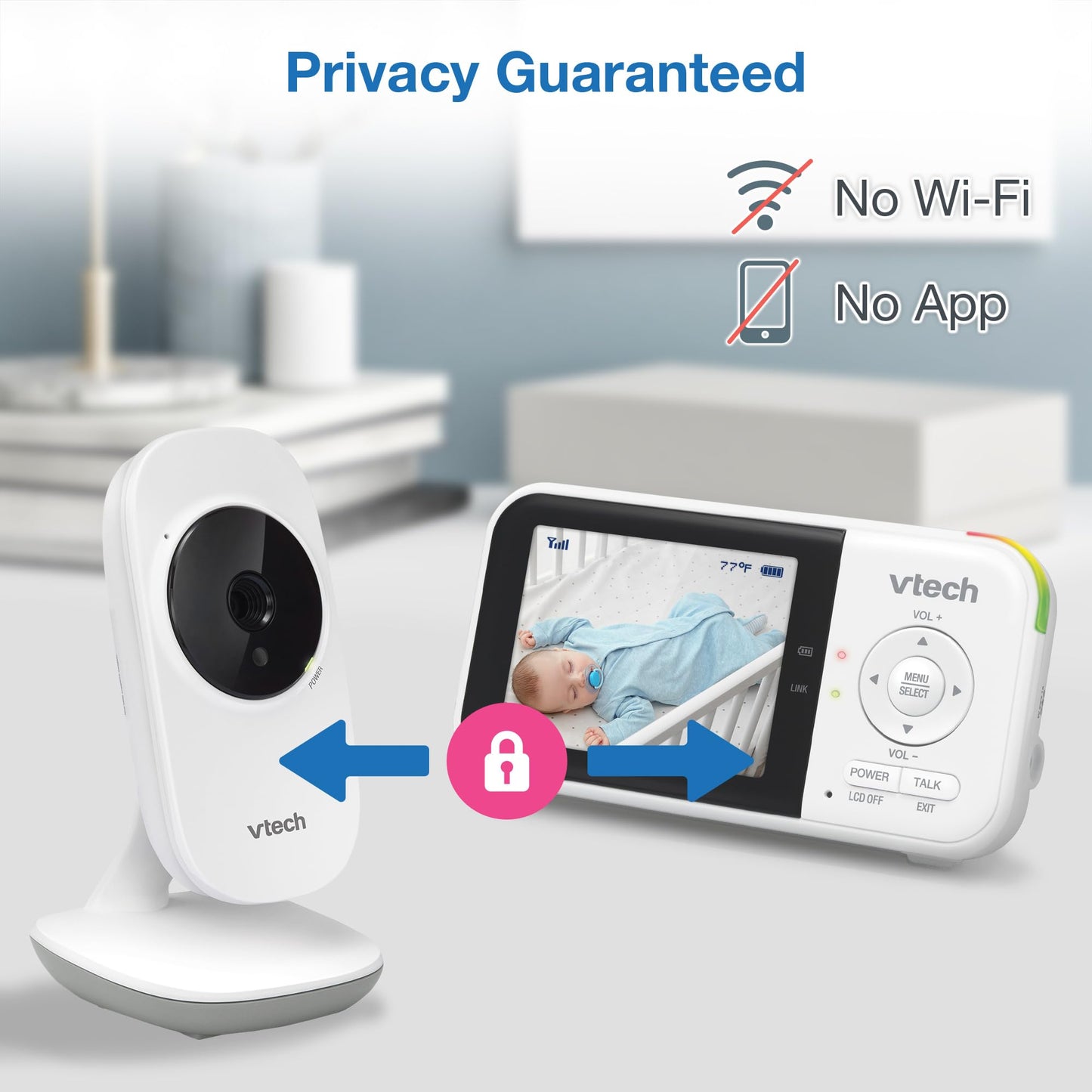 VTech VM819 Baby Monitor with Camera and Audio, 2.8” Screen Portable Baby Camera, Night Vision, 2-Way Audio, Temperature Sensor and Lullabies, Secure Transmission No WiFi, Ideal for Baby/Elderly/Pet - Medaid International