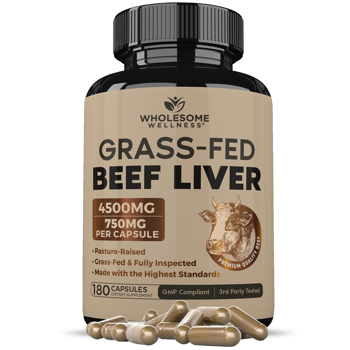 Wholesome Wellness Grass Fed Desiccated Beef Liver Capsules (180 Pills, 750mg Each) - Natural Iron, Vitamin A, B12 for Energy - Raised Undefatted in New Zealand Without Hormones or Chemicals - Medaid International
