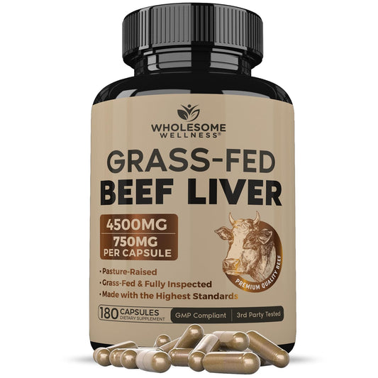 Wholesome Wellness Grass Fed Desiccated Beef Liver Capsules (180 Pills, 750mg Each) - Natural Iron, Vitamin A, B12 for Energy - Raised Undefatted in New Zealand Without Hormones or Chemicals - Medaid International