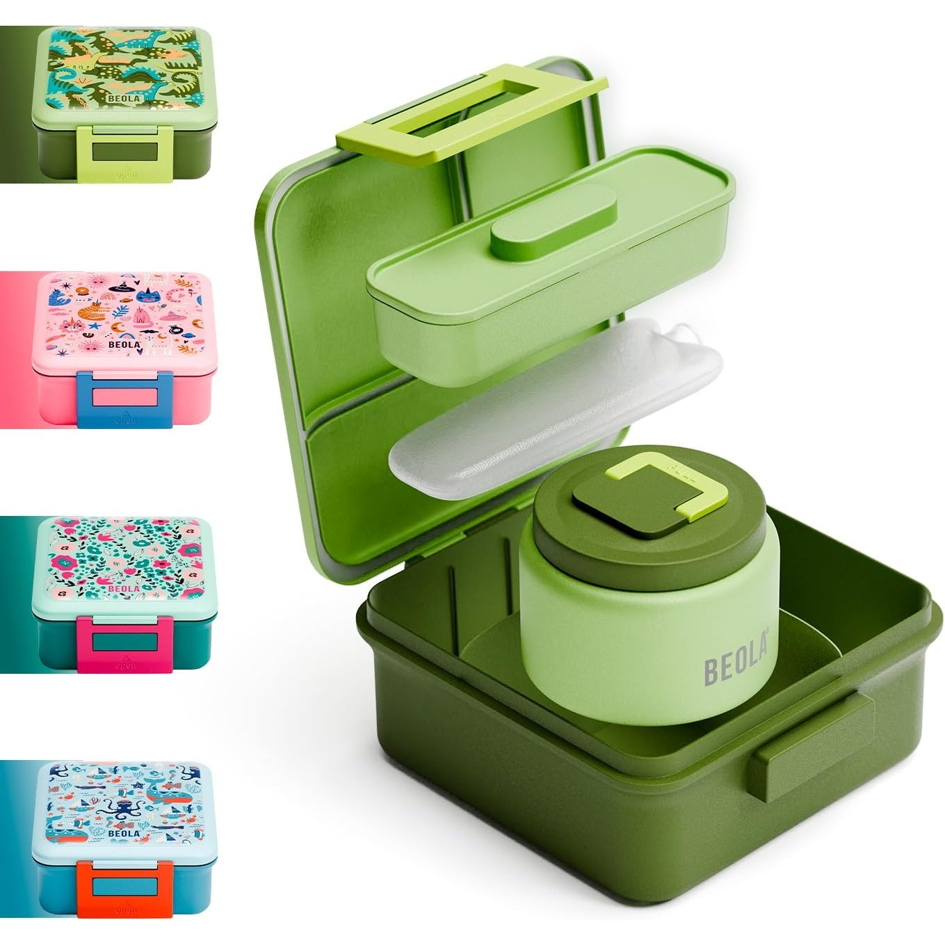 BEOLA Lunch Box for Kids with Food Jar Inside, Multi Compartment Bento Lunch Box with 240ml Food Thermos and Ice Pack, Tiffin Box for Kids with Insulated Steel Jar, Lightweight BPA free (Sea Vibes) - Medaid