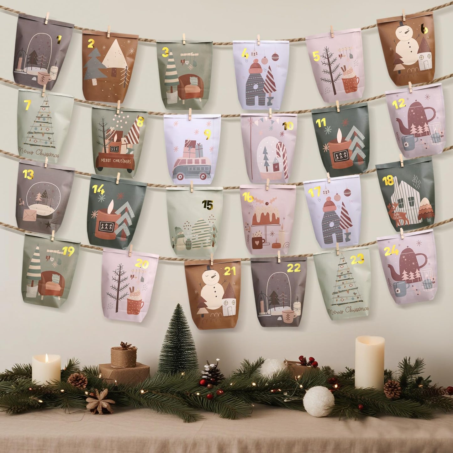Yinsun Advent Calendar 2025, 24 Christmas Advent Calendars to Fill for Countdown - Empty Christmas Gift Paper Bags with Wooden Clips for Children and Adults DIY Craft - Medaid International