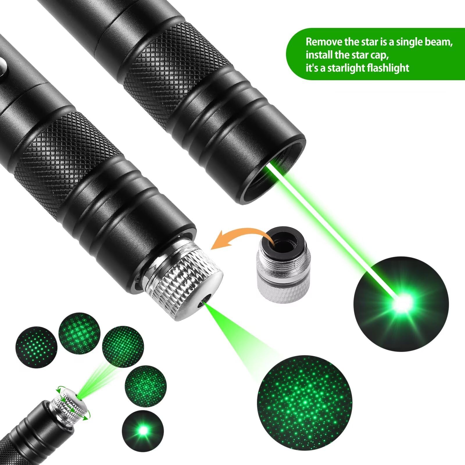 Green Laser Pointer High Power Rechargeable Lazer Pointer, Laser Pen with Long Range Adjustable Focus with Star Cap, Laser Pointer Pen Suitable for Outdoor, Astronomy, Cats Dogs (Green) - Medaid International