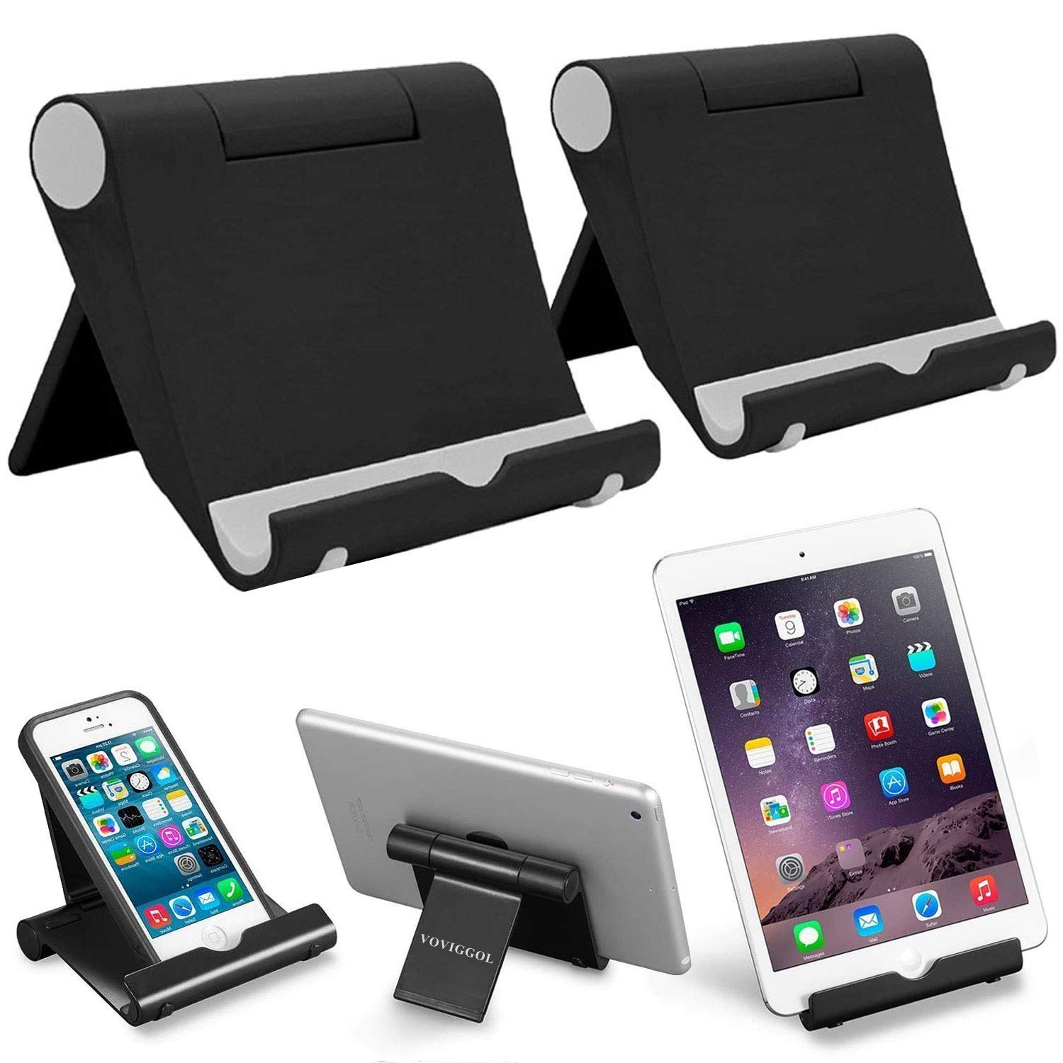 VOVIGGOL 2 Pack Cell Phone Stand for Desk, Foldable Cell Phone Holder Mobile Stand Phone Dock, Adjustable Tablet Stand Holder Compatible with iPhone 16 15 14 13 12 11 Pro Max iPad Samsung (Black) - Medaid International