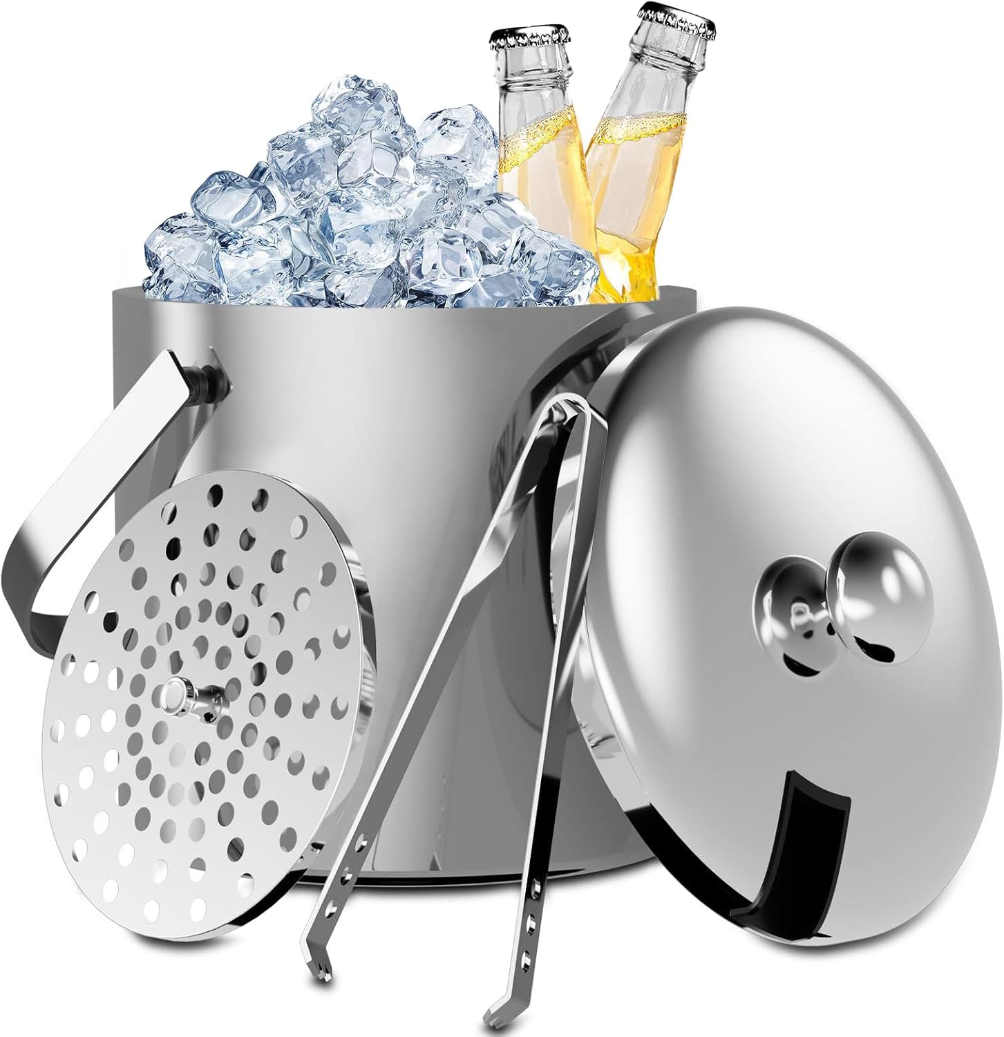 THMINS 3L Double-Wall Stainless Steel Insulated Ice Bucket With Lid & Ice Tong, Included Strainer, Ideal for Cocktail Bar, Parties, Chilling Wine, Champagne - Medaid International