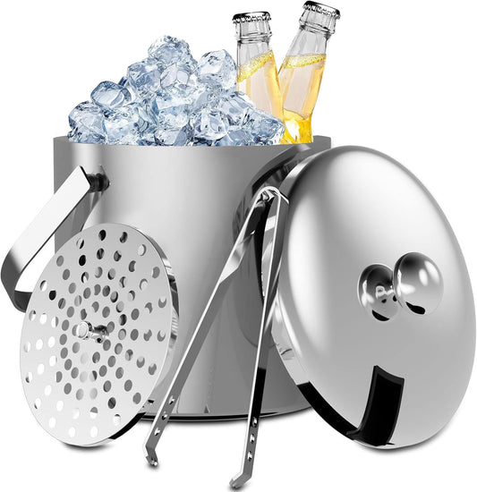 THMINS 3L Double-Wall Stainless Steel Insulated Ice Bucket With Lid & Ice Tong, Included Strainer, Ideal for Cocktail Bar, Parties, Chilling Wine, Champagne - Medaid International