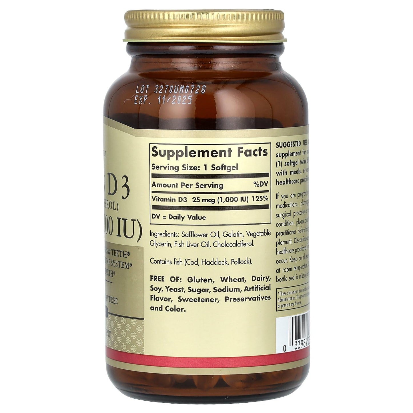 Solgar Vitamin D3 (Cholecalciferol) 25 MCG (1000 IU), 250 Softgels - Helps Maintain Healthy Bones & Teeth - Immune System Support - Non-GMO, Gluten-Free, Dairy Free - 250 Servings - Medaid International