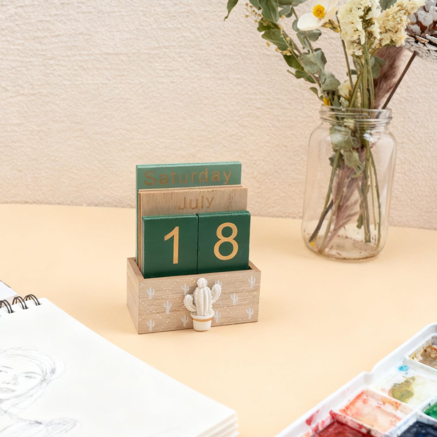 Notakia Perpetual Calendar, Wooden Calendar for Home Office Desk Accessories Vintage Wood Block Calendar(Green) - Medaid International