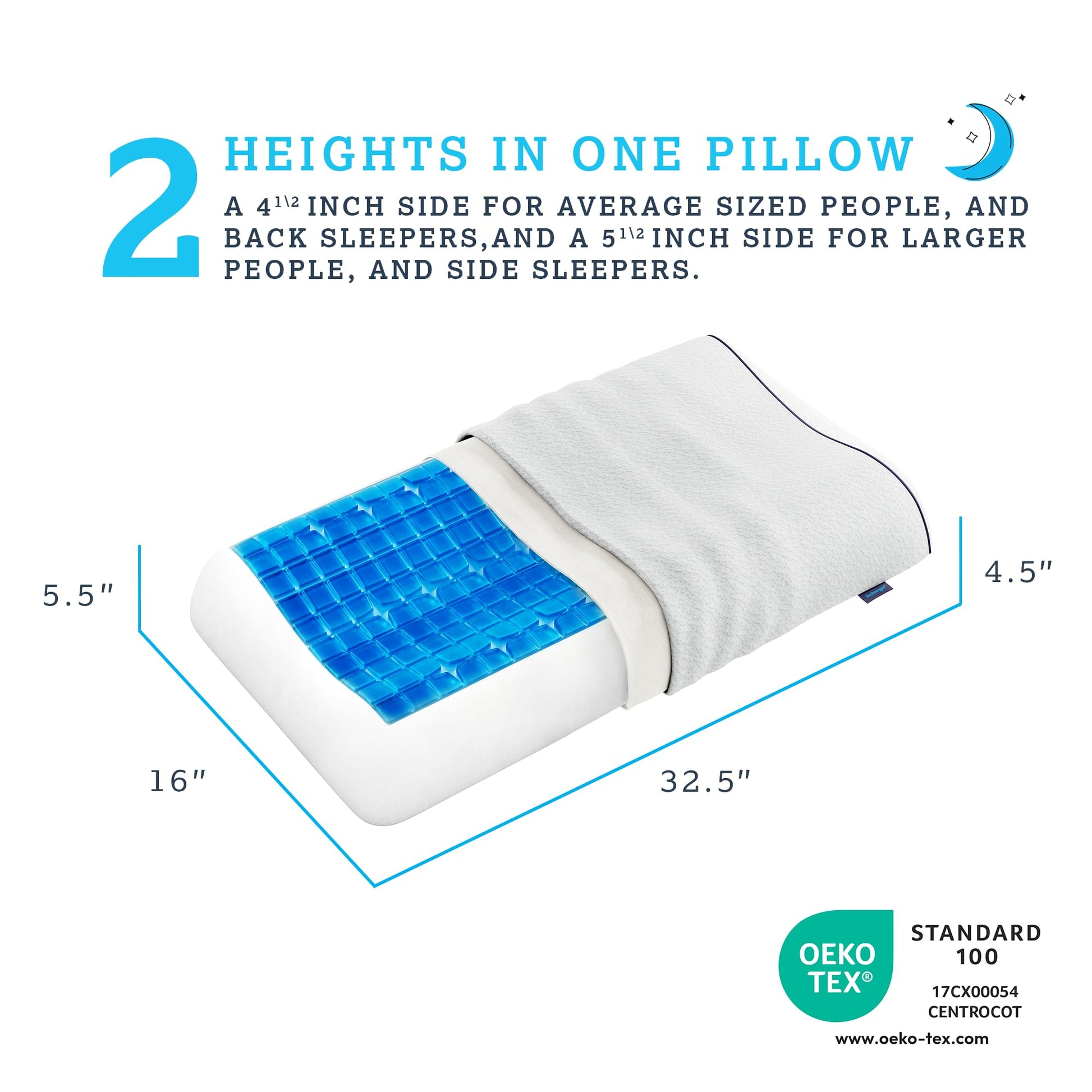 Technogel Anatomic Cooling Gel Pillow – Dual-Height Cervical Spine Support, Memory Foam Base, Washable Cover, Side & Back Sleepers King Size - Medaid International
