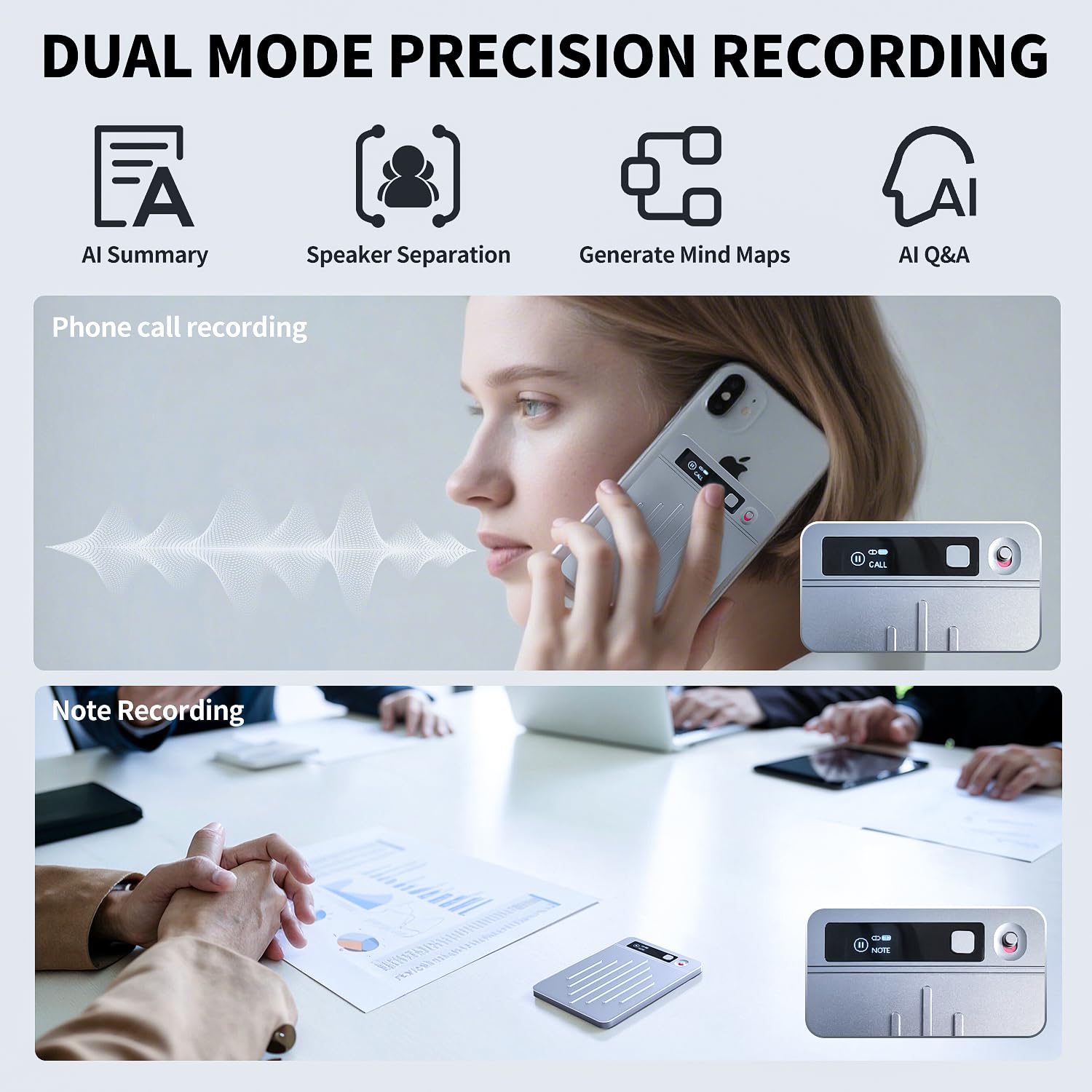 AI Voice Recorder Translator App Control, Transcribe & Summarize with AI Technology, Support Multiple Languages, 64GB, 40H Battery, 10m Pickup, for Lectures, Meetings, Calls, Silver - Medaid International