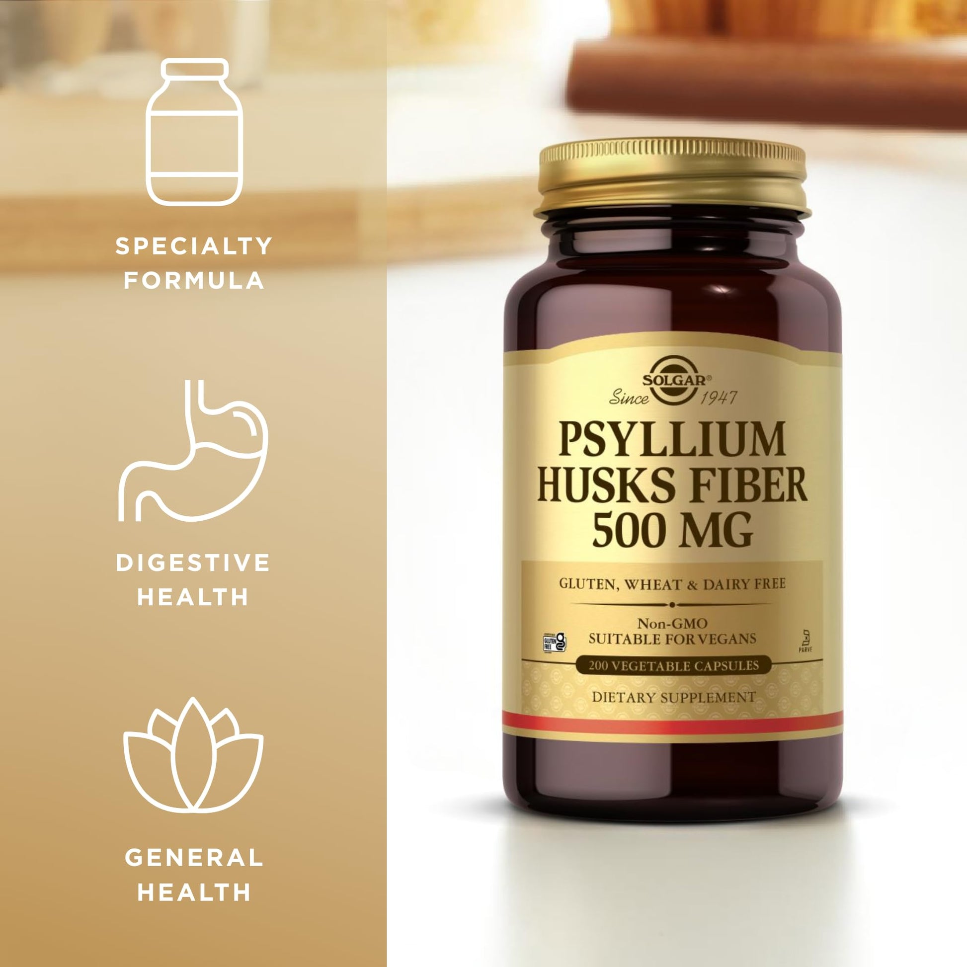 Solgar Psyllium Husks Fiber 500 mg - 200 Vegetable Capsules - Non-GMO, Vegan, Gluten Free, Dairy Free, Kosher - 100 Servings - Medaid International