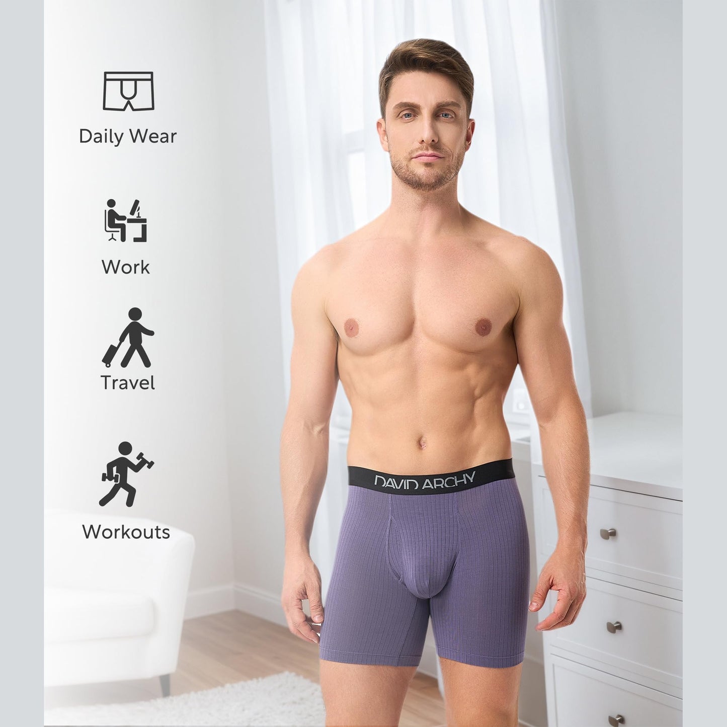 DAVID ARCHY Men's Underwear Breathable Rayon Made from Bamboo Boxer Briefs for Men 4 Pack with Fly M 6.5'' Deep Blue/Olive Green/Black/Deep Grape Purple - Medaid International