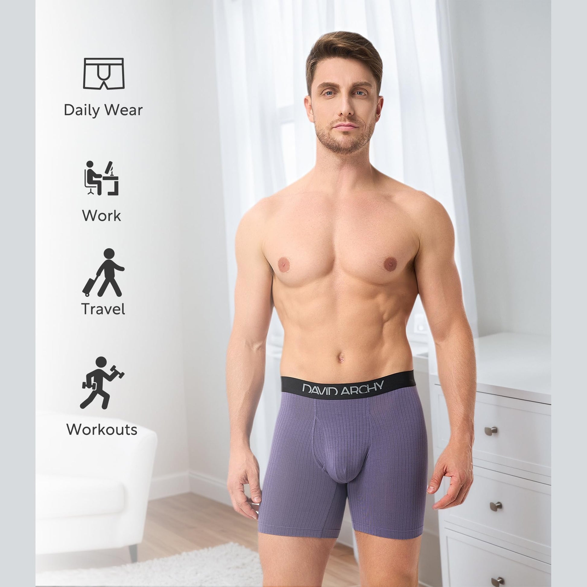 DAVID ARCHY Men's Underwear Breathable Rayon Made from Bamboo Boxer Briefs for Men 4 Pack with Fly M 6.5'' Deep Blue/Olive Green/Black/Deep Grape Purple - Medaid International