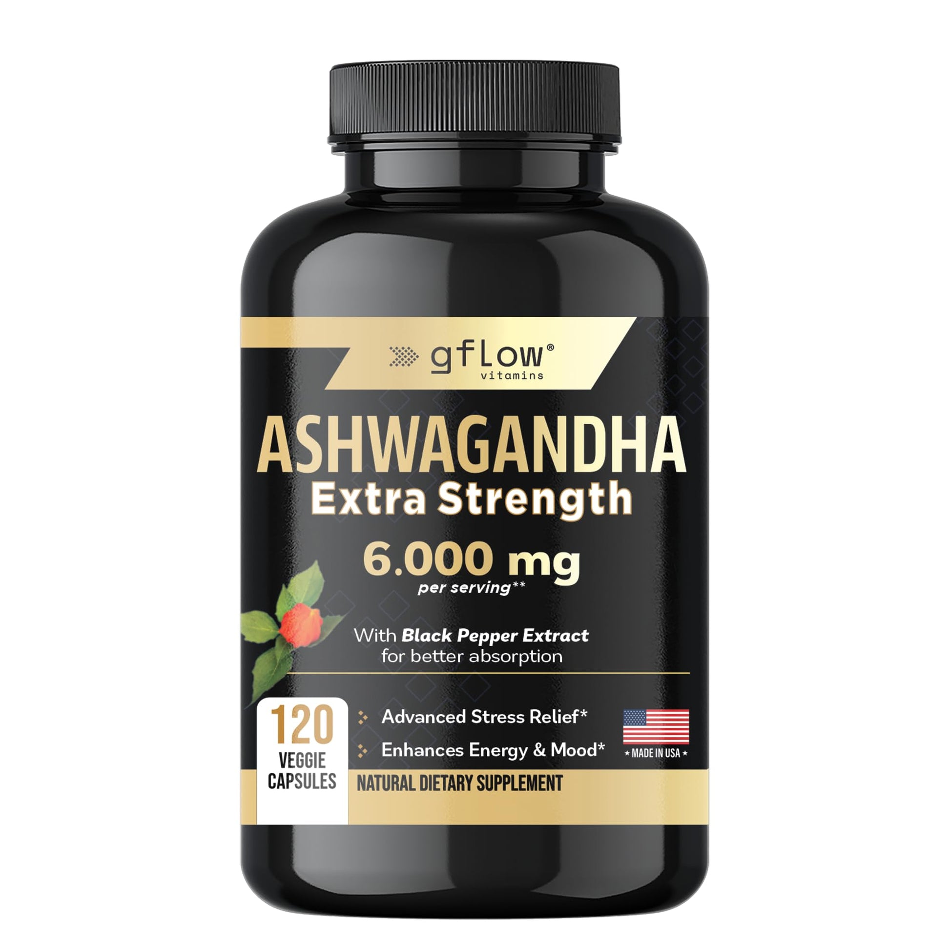 gflow vitamins Ashwagandha Supplements for Women and Men 6000mg | Sleep, Mood and Energy Support | Extra Strength, Vegan Friendly, Non-GMO, Made in USA - Medaid International