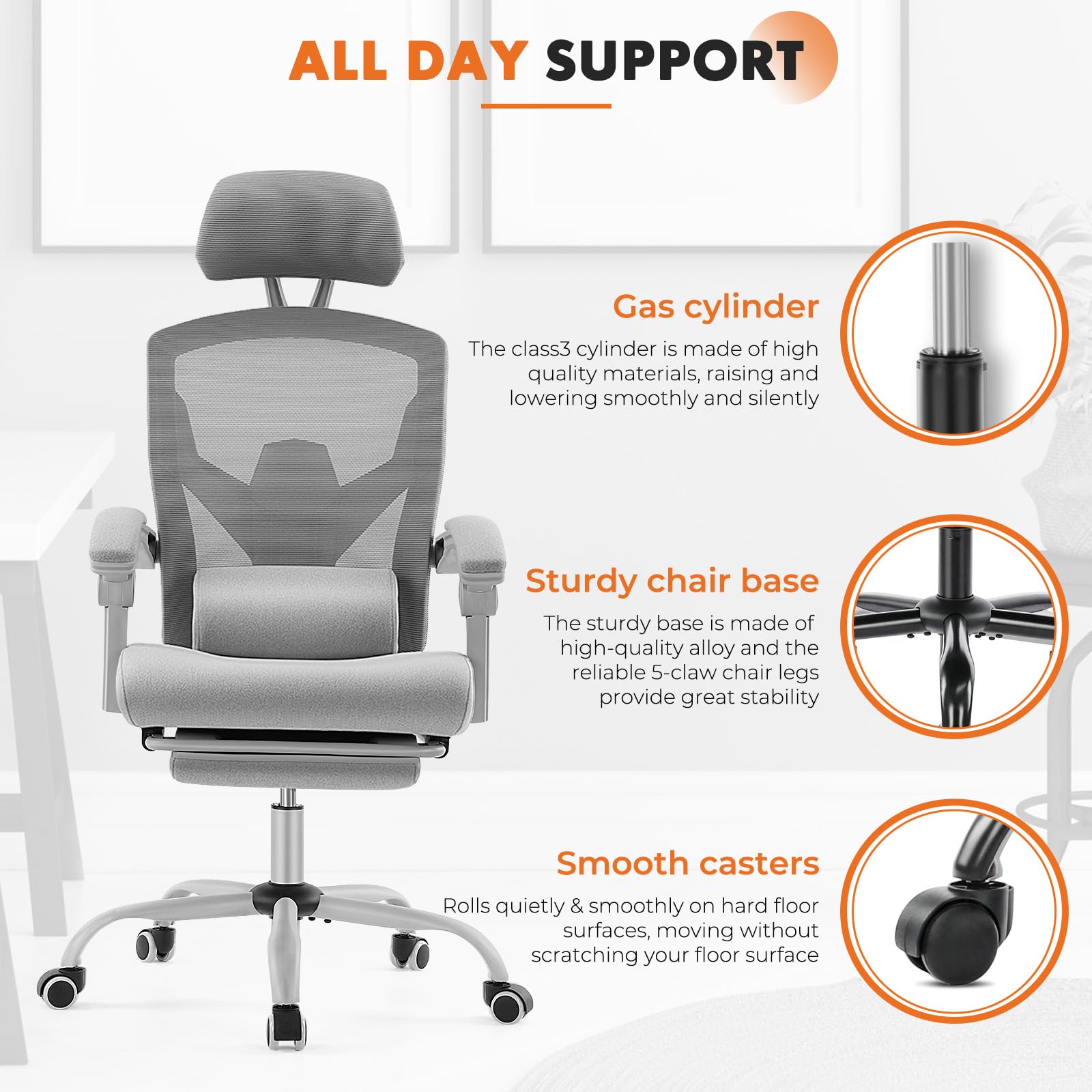 Sweetcrispy Office Computer Desk Chair, Ergonomic High-Back Mesh Rolling Work Swivel Chairs with Wheels, Comfortable Lumbar Support, Comfy Arms for Home, Bedroom, Study, Student, Classic Grey - Medaid International
