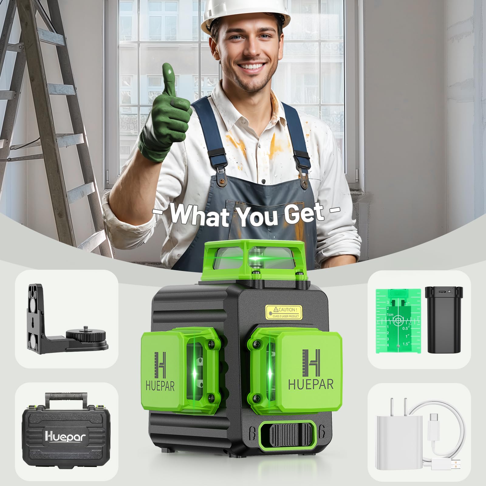 HUEPAR Laser Level 360 Self Leveling, Rechargeable 3D High Brightness Green Laser 3x360° Best Laser Leveler Tool for Construction and Picture Hanging, Strong Magnetic Bracket & Hard Suitcase -B03CG - Medaid International