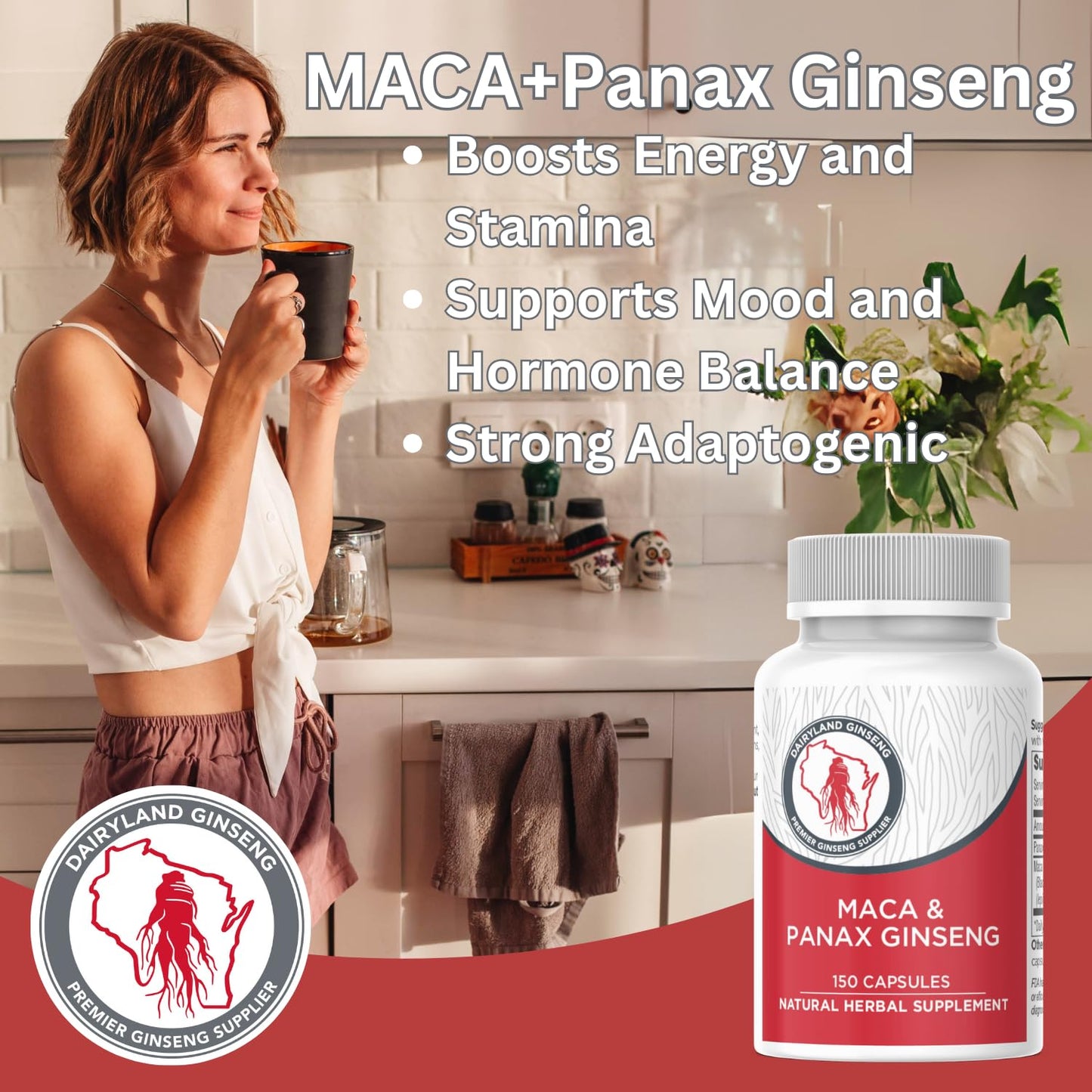 Maca Root Capsules + Korean Panax Ginseng - Concentrated Extract Black + Red + Yellow Maca Root, Panax Ginseng Capsules 150 ct - Medaid International