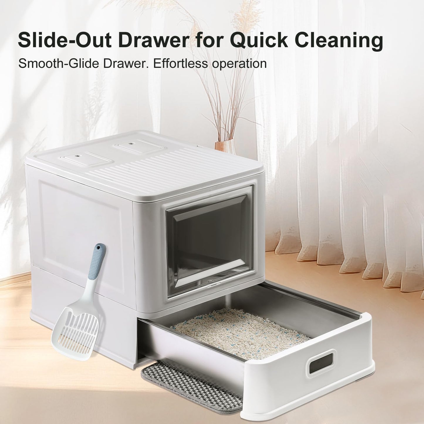 Marchul Enclosed Stainless Steel Cat Litter Box with Lid & Drawer Design for Indoor All Lifestyles Cats, Metal Covered Cat Litter Box, Baffles for Anti-Leakag, with Litter Scoop & Litter Mat