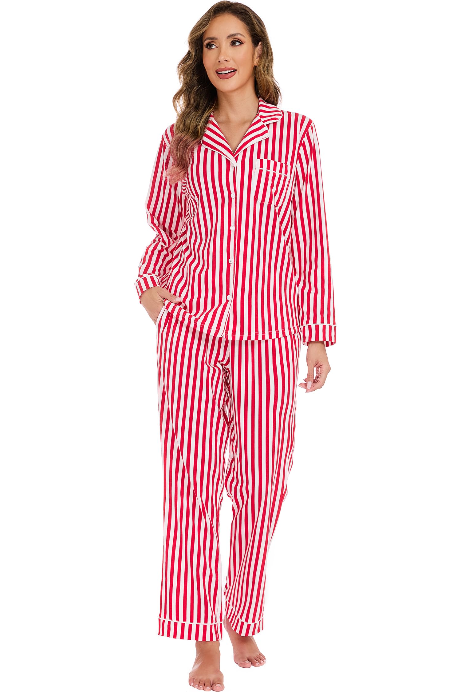 LUBOT Christmas Pajamas for Women 100% Cotton Pajama Set 2 Piece Soft Button Down Xmas Printed PJ Set Long Sleeve Sleepwear Loungewear (Red Stripe, L) - Medaid International