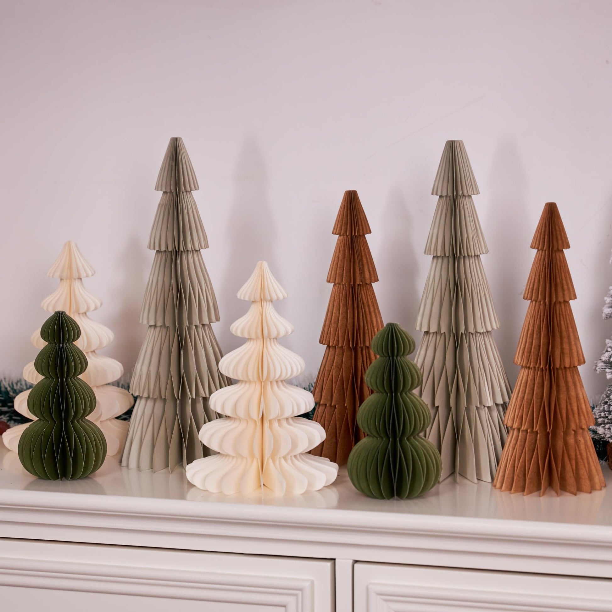 8PCS Paper Christmas Tree, Neutral Christmas Honeycomb Centerpieces, 3D Minimalist Paper Trees Table Decorations for Home Xmas Holiday Party Decor(Gray, Brown, White, Green) - Medaid International