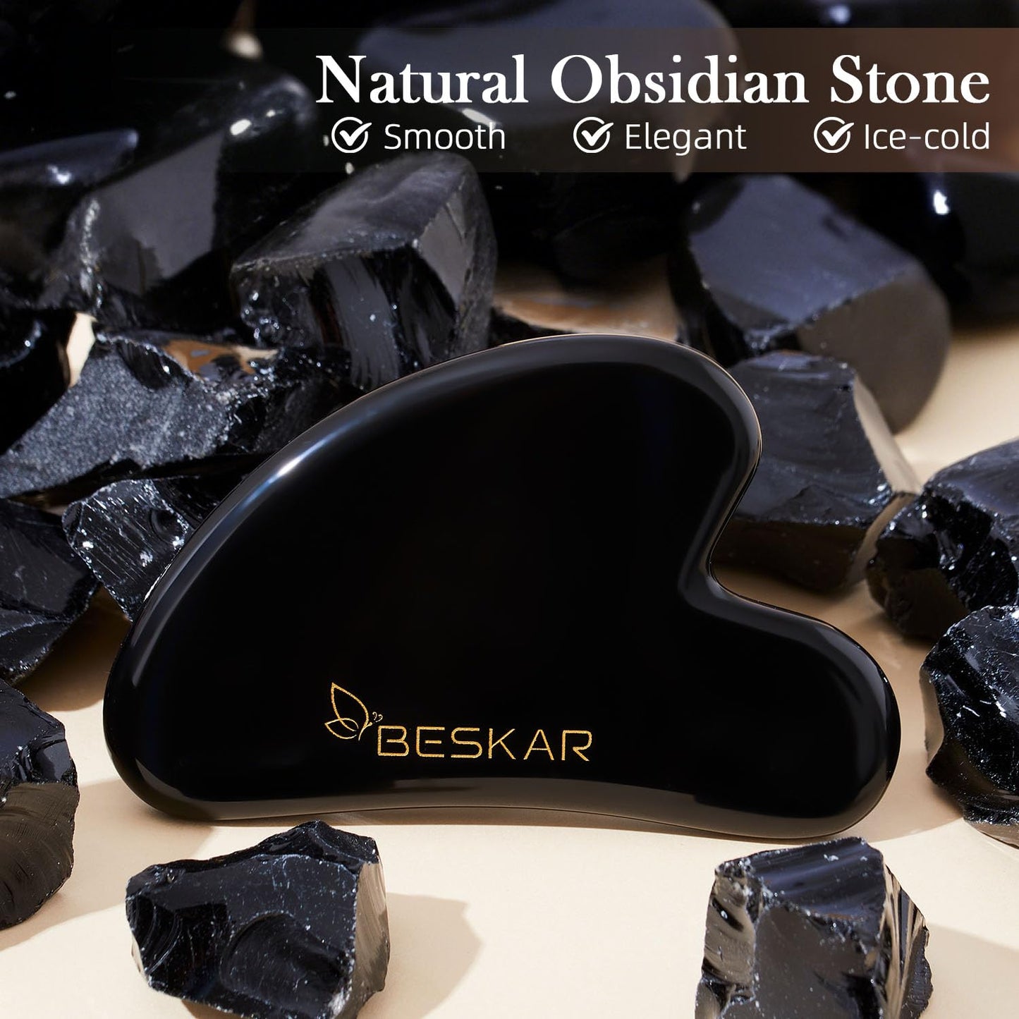 BESKAR Gua Sha Facial Tools, Natural Jade Stone Guasha Massager for Jawline Sculpting, Tighten Face Skin and Reduce Wrinkles, Face Eyes Body Neck Massage Tool, Skin Care Gift (Black) - Medaid International
