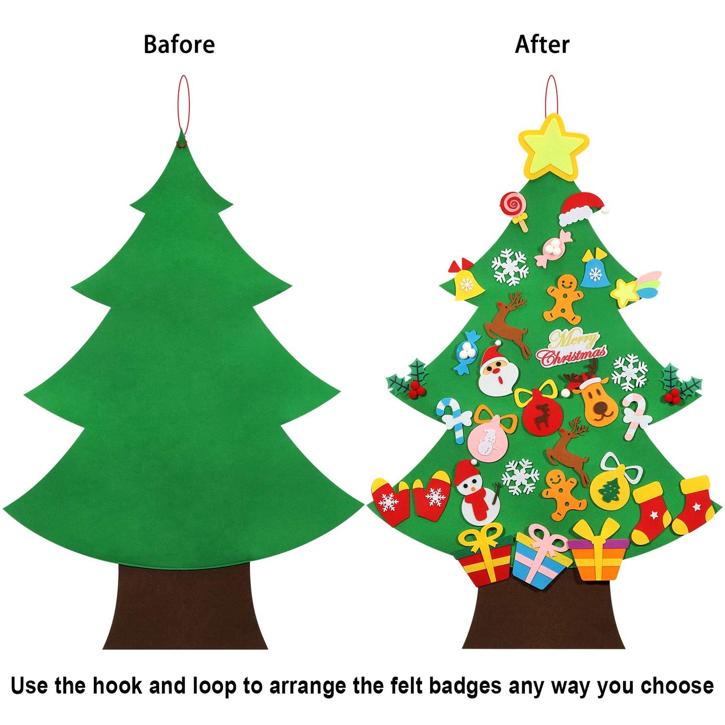 TOBEHIGHER DIY Felt Christmas Tree - 3.6 FT, 41 Piece Ornament Set, 3D Design, Reusable Adhesive Pads, Green, Life-Size, Unisex, Christmas Theme, Art & Craft Kit for Kids - Medaid International