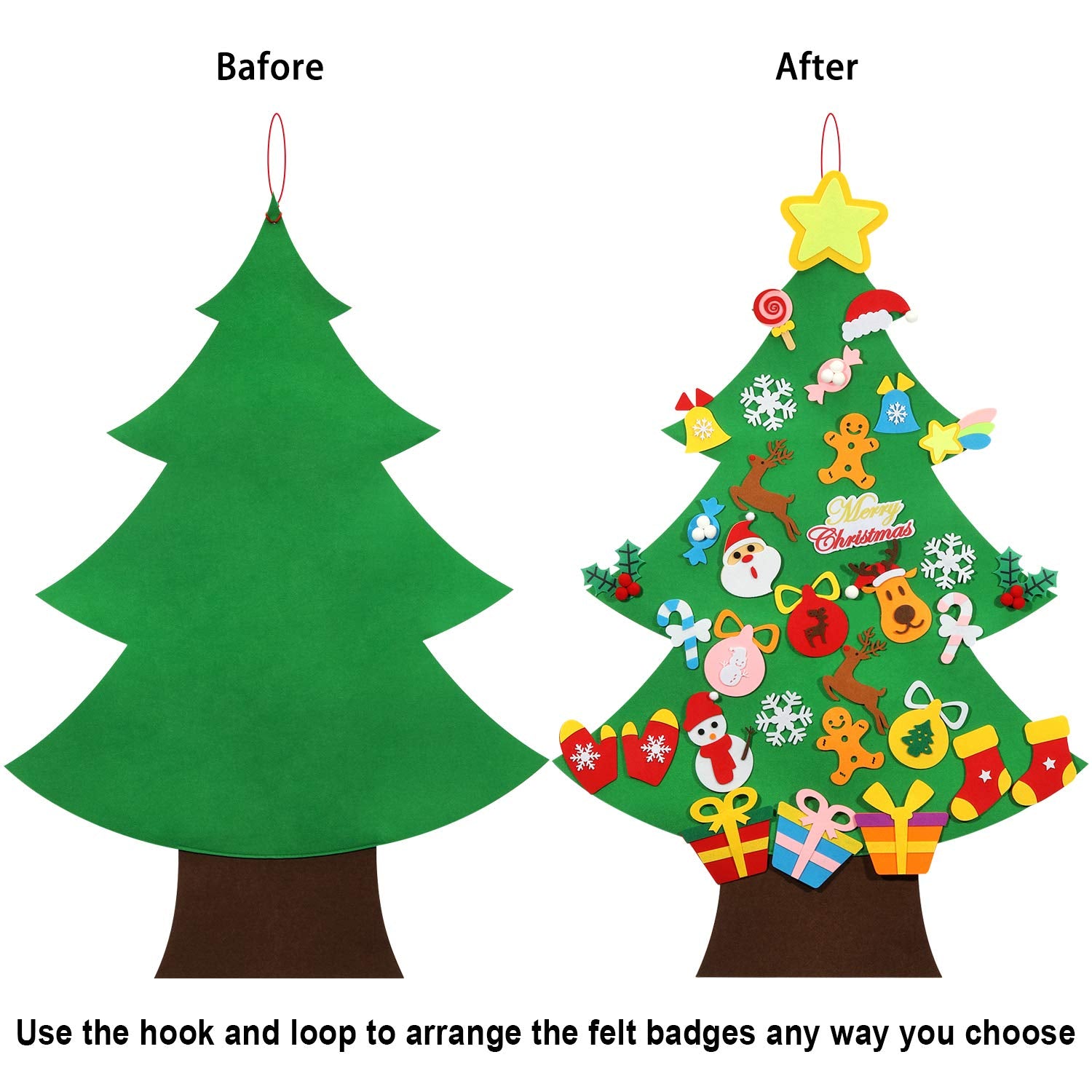 TOBEHIGHER DIY Felt Christmas Tree - 3.6 FT, 41 Piece Ornament Set, 3D Design, Reusable Adhesive Pads, Green, Life-Size, Unisex, Christmas Theme, Art & Craft Kit for Kids - Medaid International