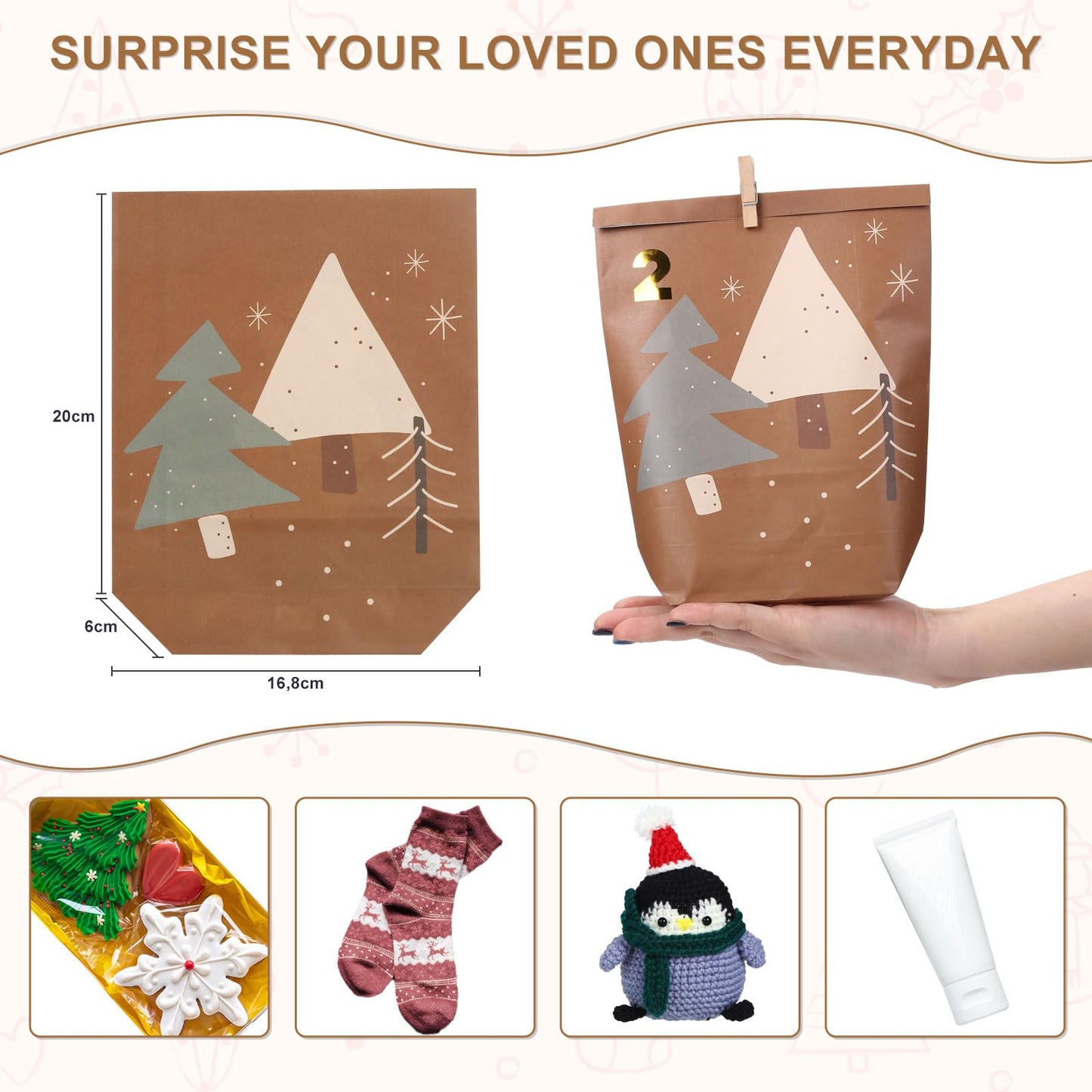 Yinsun Advent Calendar 2025, 24 Christmas Advent Calendars to Fill for Countdown - Empty Christmas Gift Paper Bags with Wooden Clips for Children and Adults DIY Craft - Medaid International