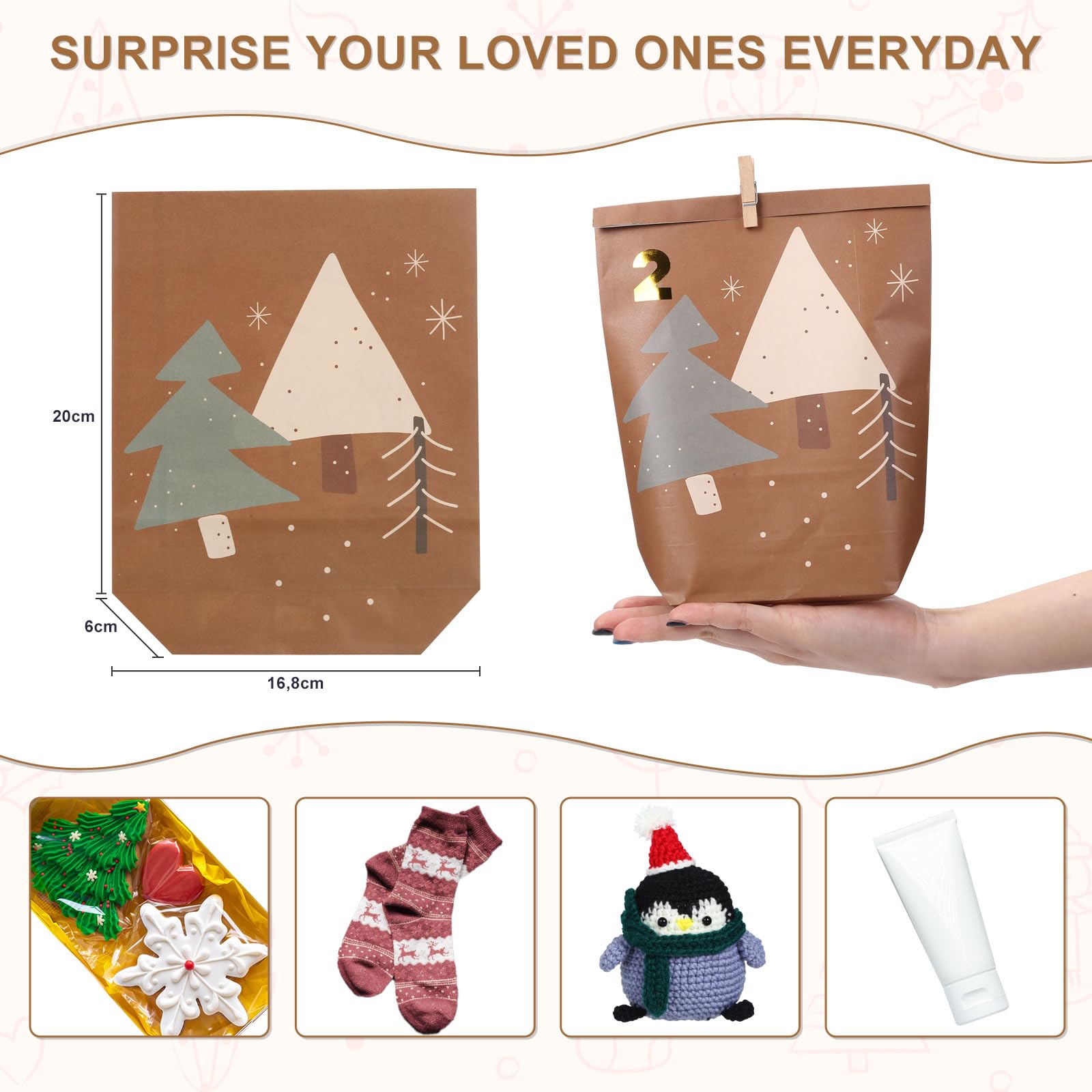 Yinsun Advent Calendar 2025, 24 Christmas Advent Calendars to Fill for Countdown - Empty Christmas Gift Paper Bags with Wooden Clips for Children and Adults DIY Craft - Medaid International