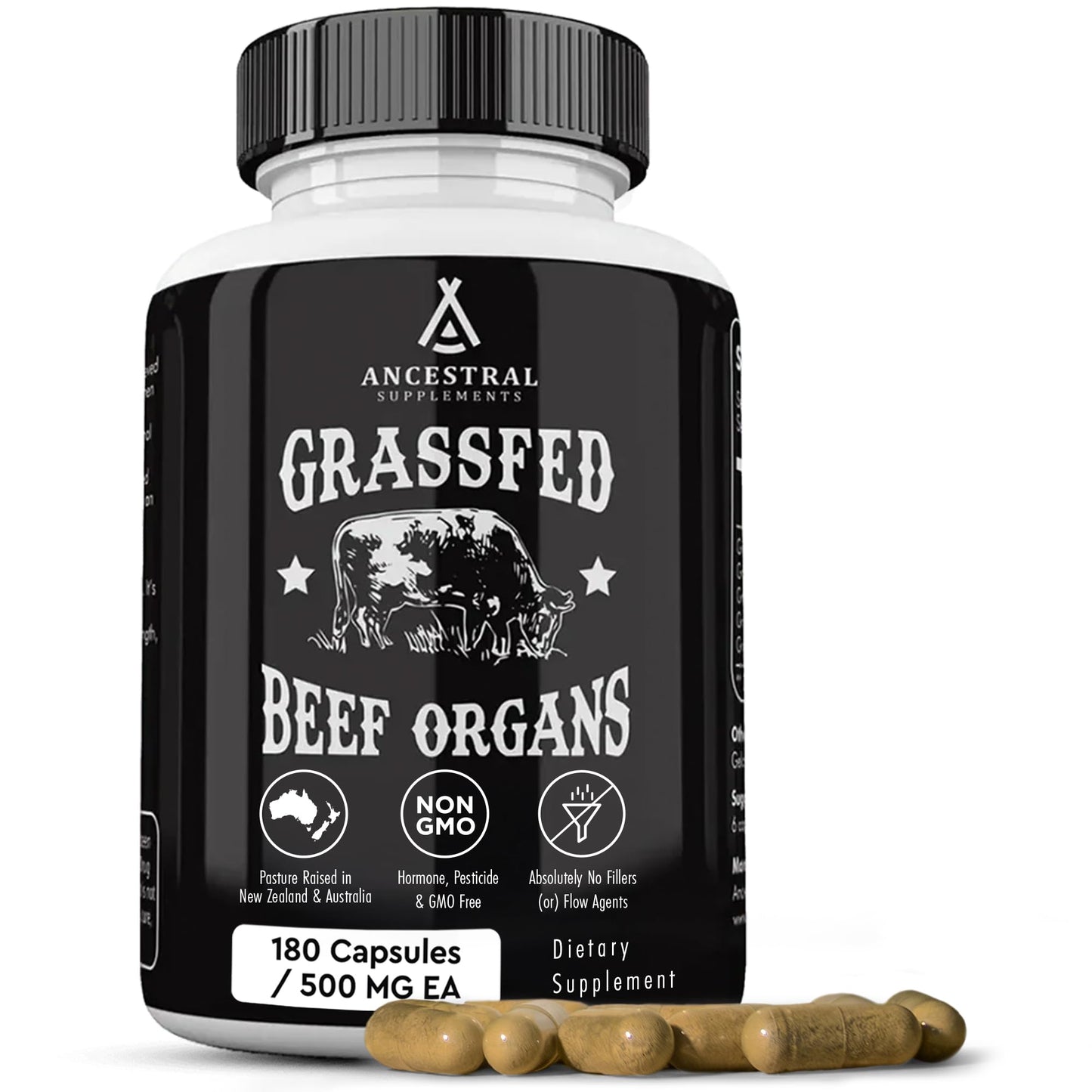 Ancestral Supplements Grass Fed Beef Organ Supplement, Supports Whole Body Wellness with Proprietary Blend of Liver, Heart, Kidney, Pancreas, Spleen, Freeze-Dried Beef, Non-GMO, 180 Capsules - Medaid International