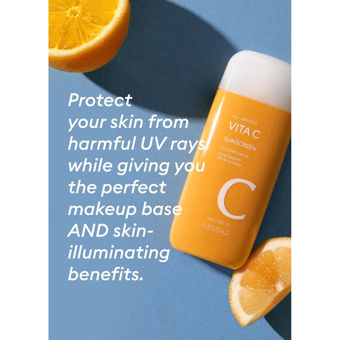 MISSHA All Around Vita C Sunscreen SPF 50/2.36 Fl Oz - Korean Sunscreen for Face with Vitamin C for Even Tone, Lightweight, Non-Sticky, Sebum Control - Medaid International