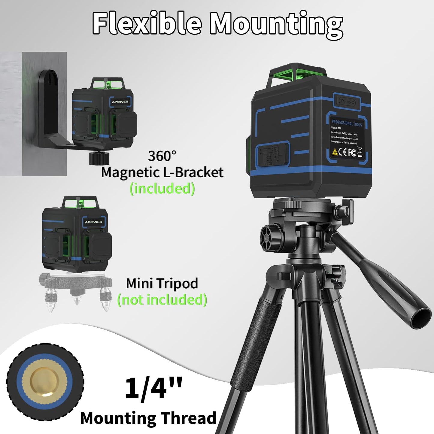 APOWER Laser Level 360 Self Leveling, 3 x 360° Cross Line Lazer Leveler Tool for Construction and Picture Hanging, Rechargeable Nivel Laser Outdoor, L-Magnetic Bracket Included - Medaid International