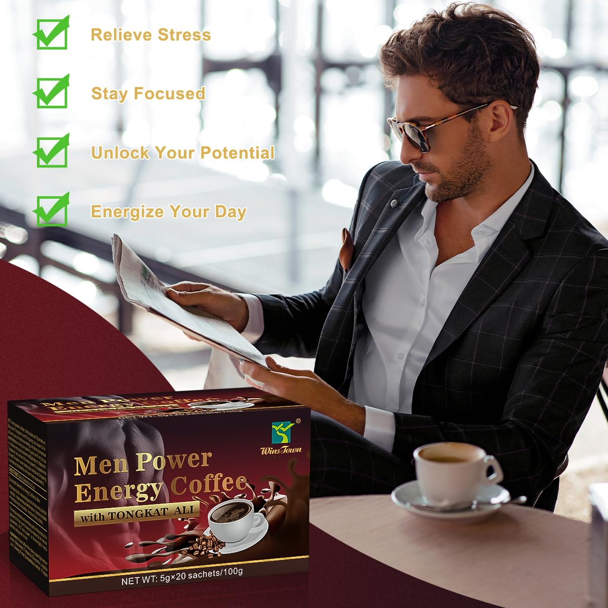 Men's Herbal Energy Coffee - Instant Black Coffee with Maca, Tongkat Ali, Epimedium & Ginseng – Boost Focus, Stamina & Vitality – 20 Sachets - Medaid International