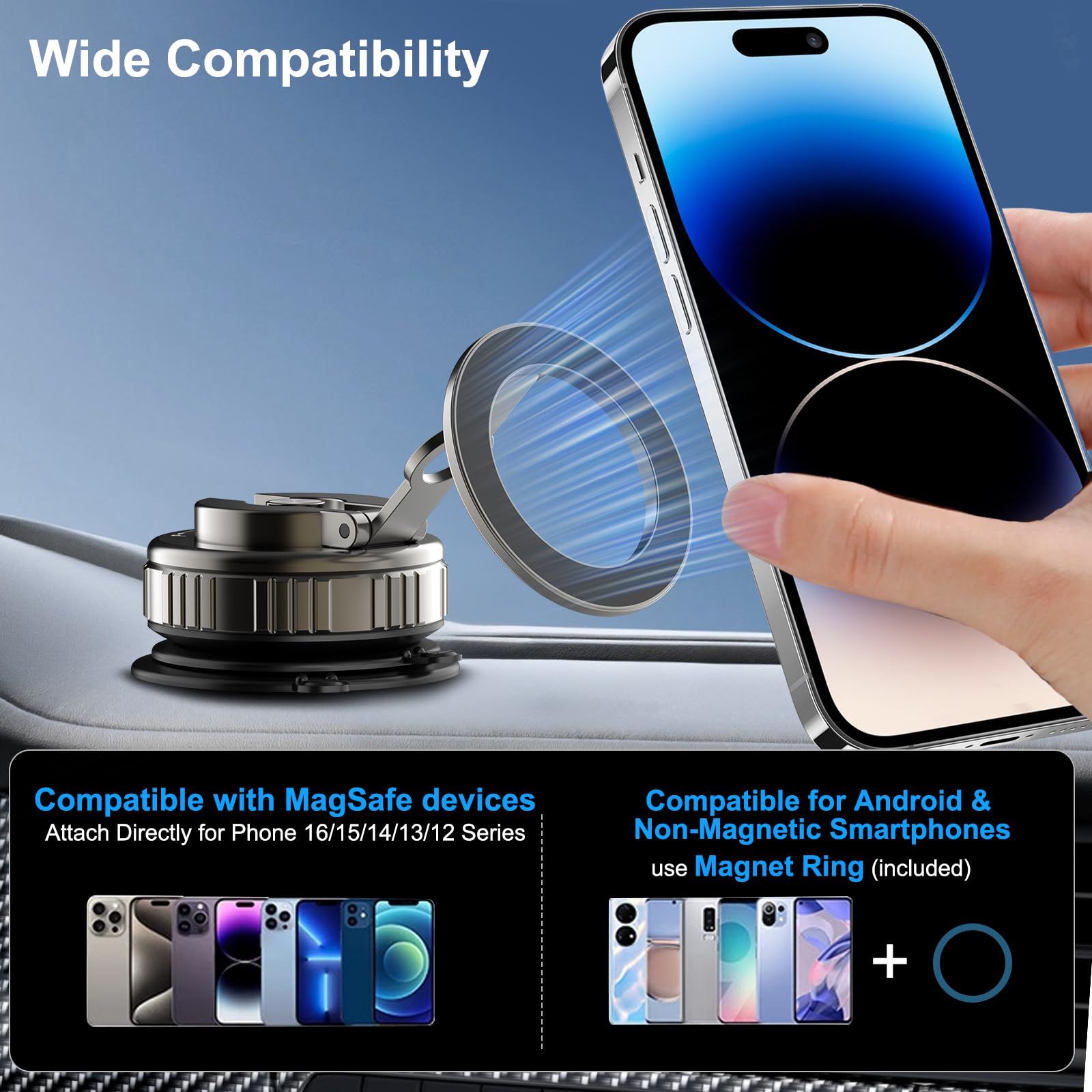 Kairiyard Vacuum Magnetic Phone Holders for Your Car, 360 Adjustable Foldable Strongest Magnet Suction Cup Car Cell Phone Holder Mount Stand Compatible with MagSafe iPhone All Smartphones - Medaid International