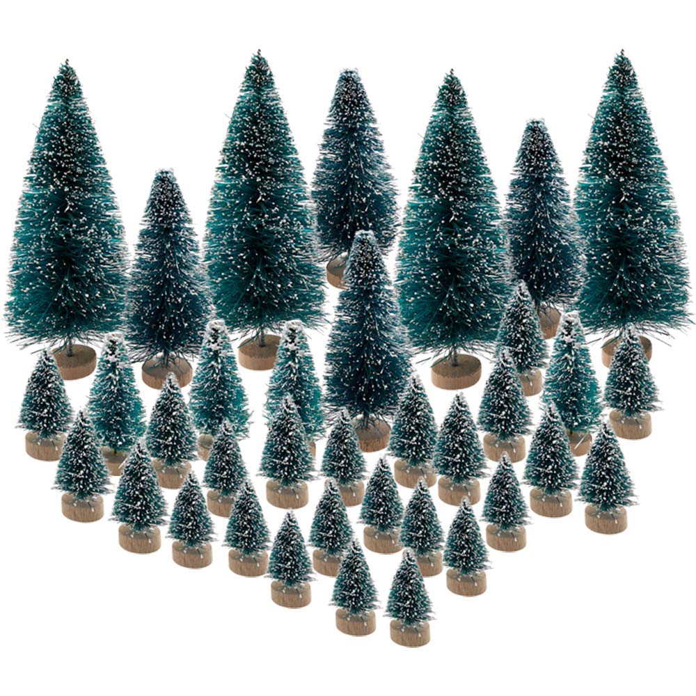 36PCS Mini Artificial Christmas Trees Plastic Sisal Trees Bottle Brush Trees Snow Frost Ornaments with Wood Base for Christmas Home Party Table Top Decor Winter Crafts - Medaid International
