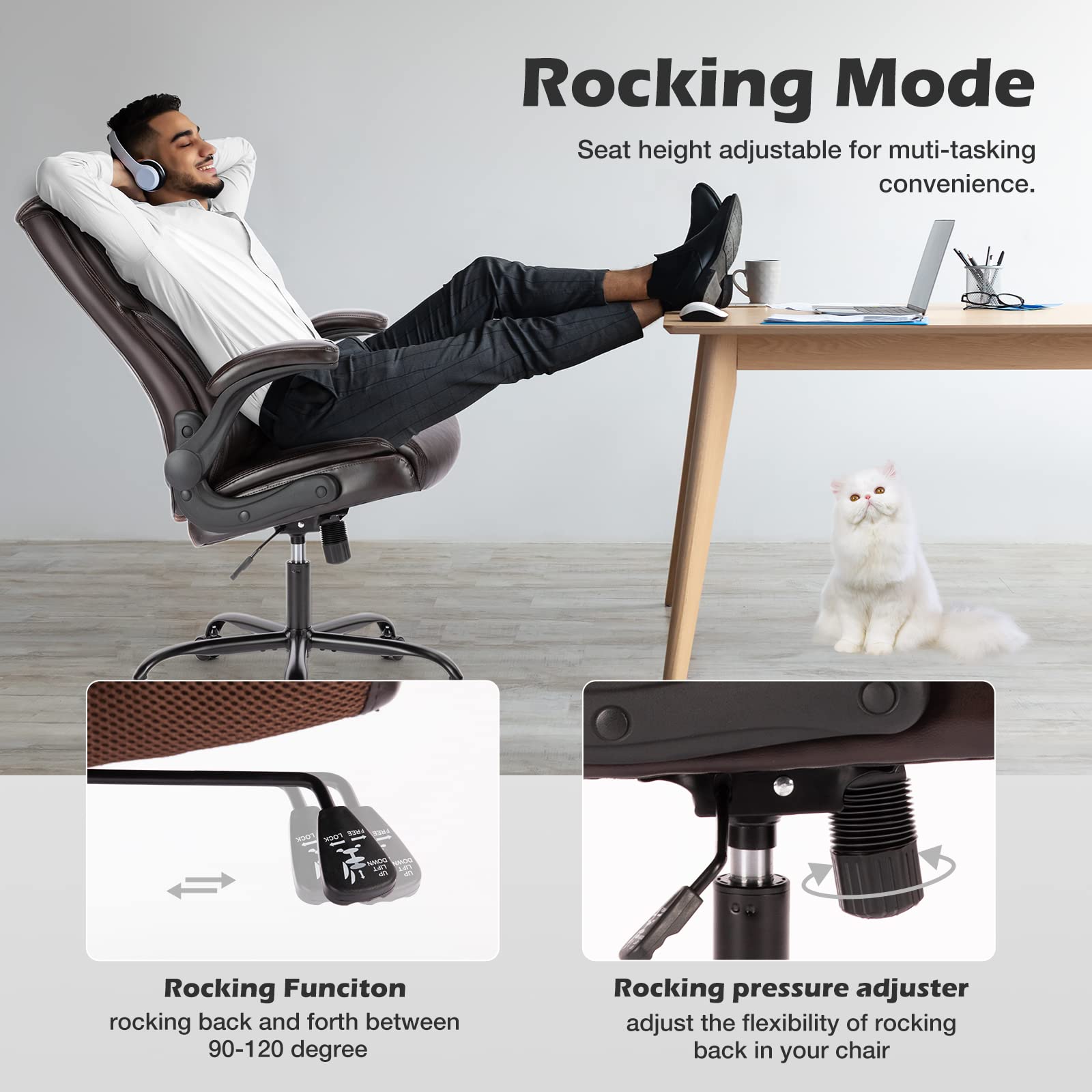 Executive Office Chair – Ergonomic Adjustable Computer Desk Chairs with High Back Flip-up Armrests, Swivel Task Chair with Lumbar Support, Bonded Leather - Medaid International