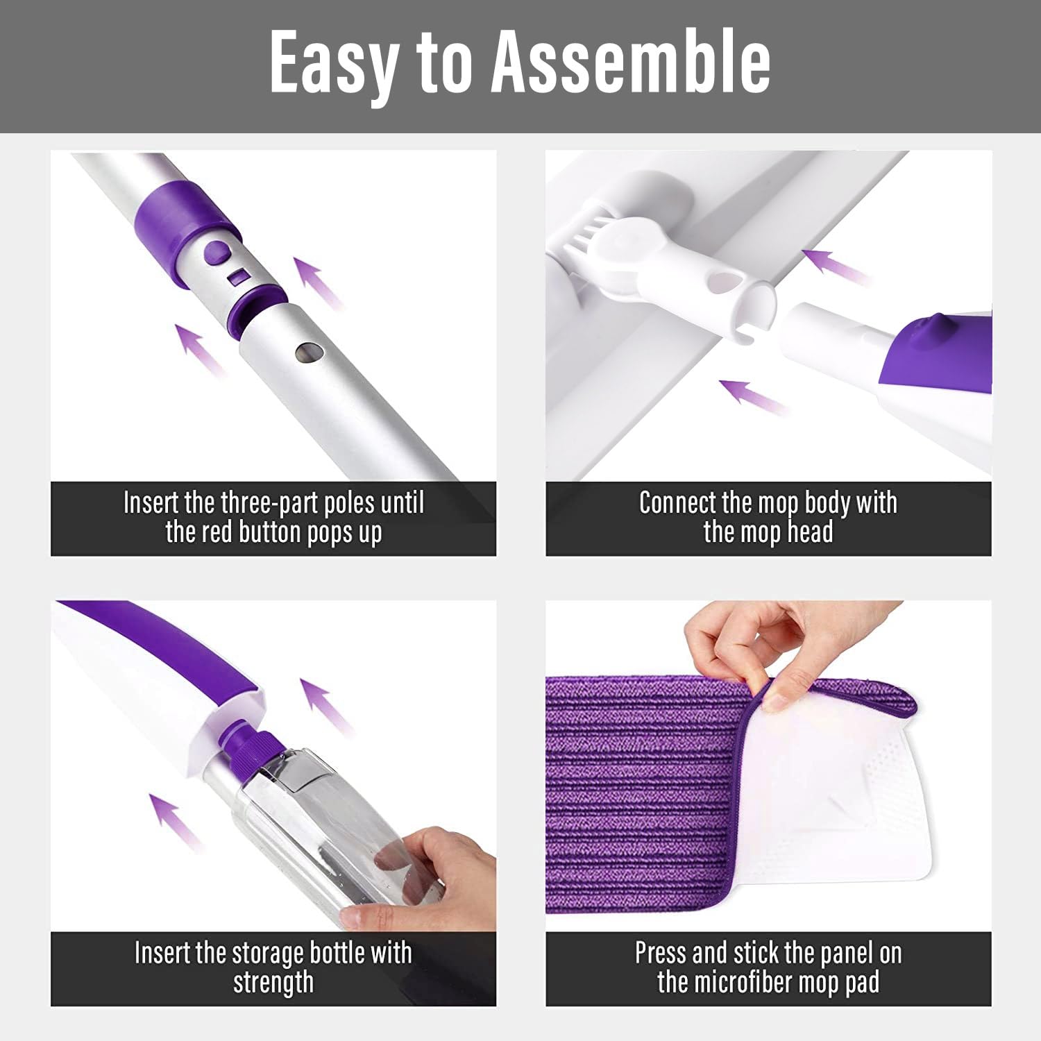 Spray Mops for Floor Cleaning Floor Mop with a Refillable Spray Bottle and 3 Washable Microfiber Pads Home or Commercial Use Dry Wet Flat Mop for Hardwood Laminate Wood (Purple) - Medaid International