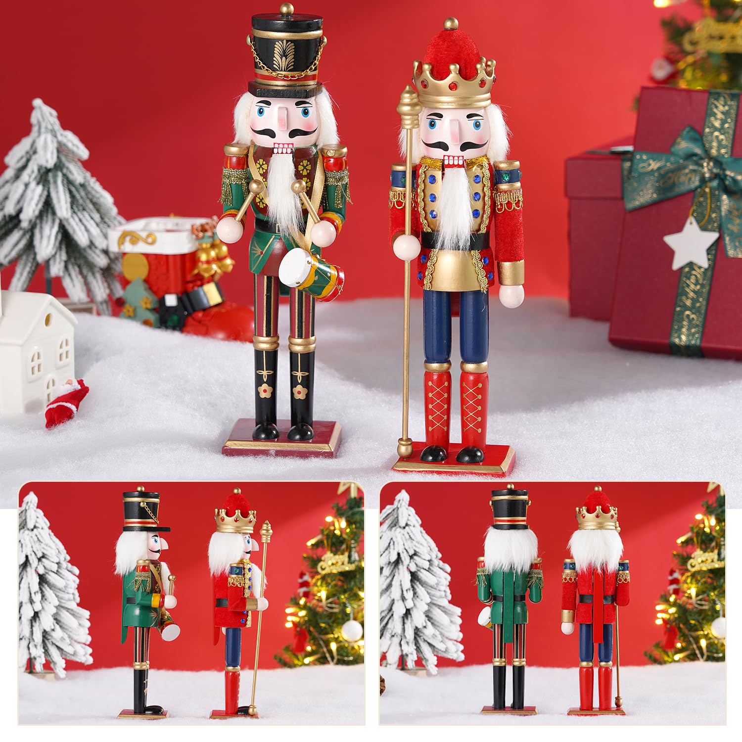 Tpudn 2 Pcs Wooden Christmas Nutcracker Soldier, 30CM Traditional Painted Figures, Festive Collectible for Home Fireplace Tree Party Decoration (Drummer & Spear) - Medaid International