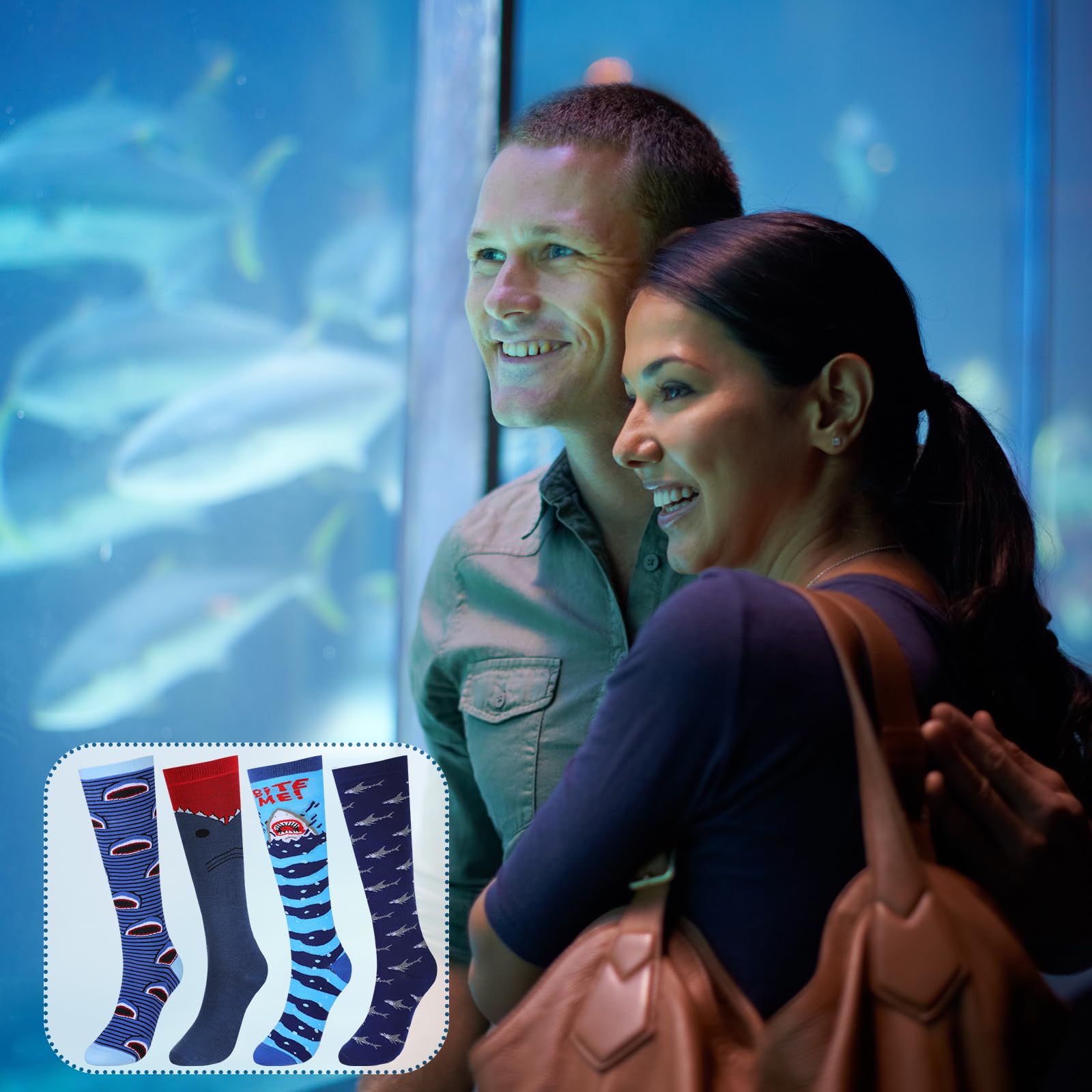 Shihanee 4 Pairs Novelty Knee High Socks Christimas Funny Popcorn, Selachimorpha Sock Gifts for Xmas Stocking Stuffers Unisex - Medaid International