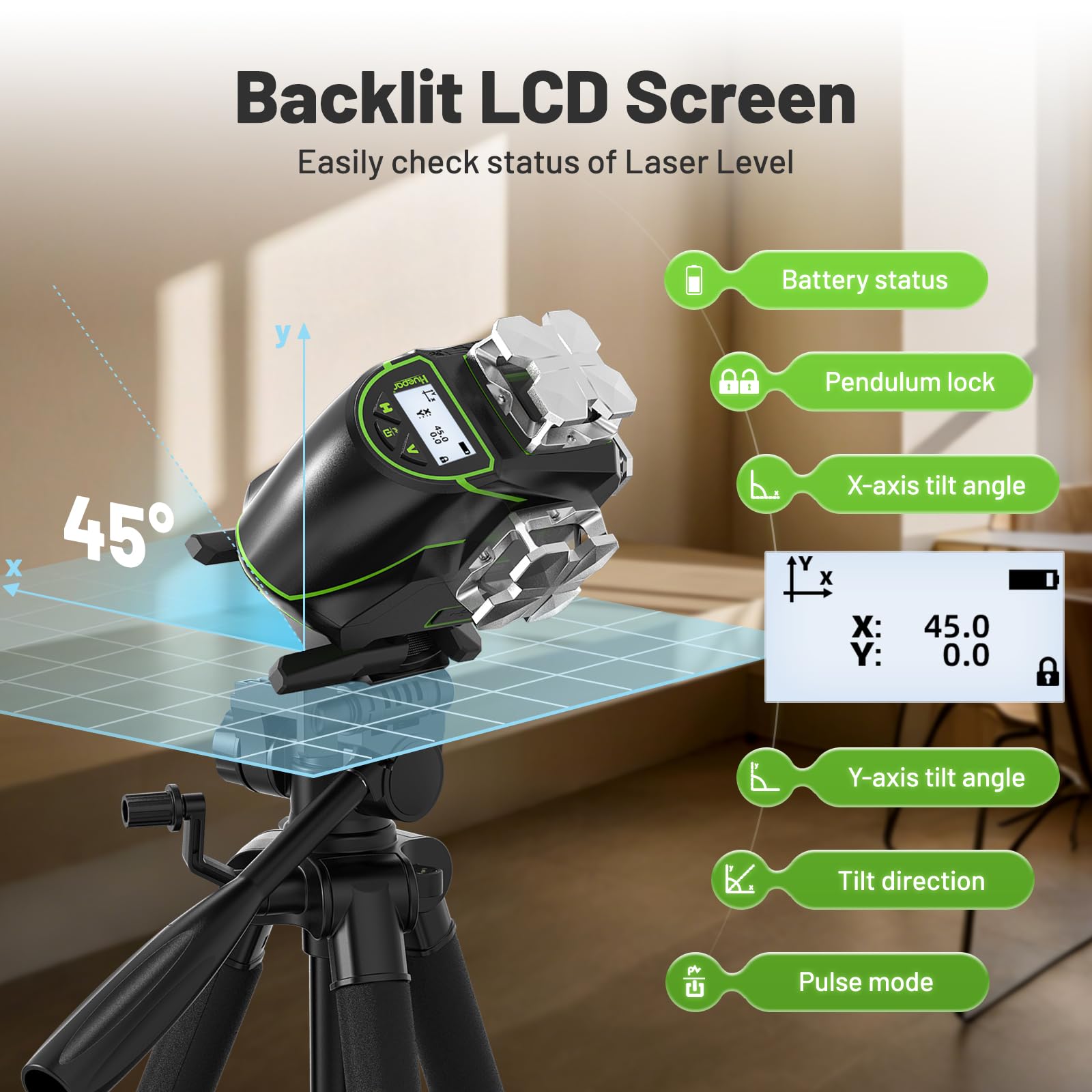 Huepar Laser Level 360 Self Leveling, 4x360° Green 4D Cross Line Laser with LCD Screen, Bluetooth Outdoor Pulse Mode Laser Tool for Construction -Remote Control, Li-ion Battery or 4 AA Batteries-S04CG - Medaid International