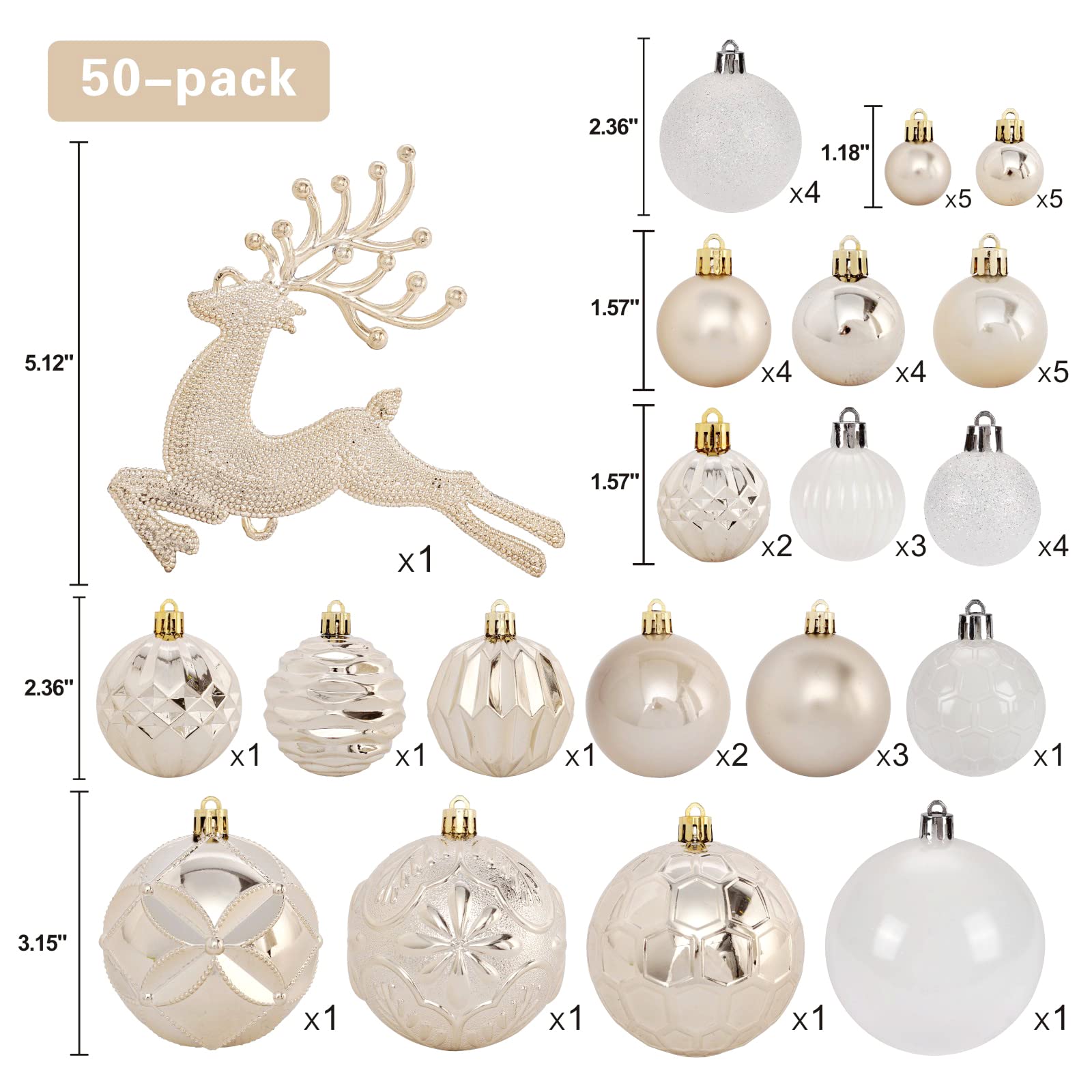 Christmas Tree Ornaments Set, 50 ct Champagne and White Xmas Ornaments Balls for Christmas Tree Decorations Shatterproof Xmas Hanging Ball for Halloween Party Home Decor (Hooks Included) - Medaid International