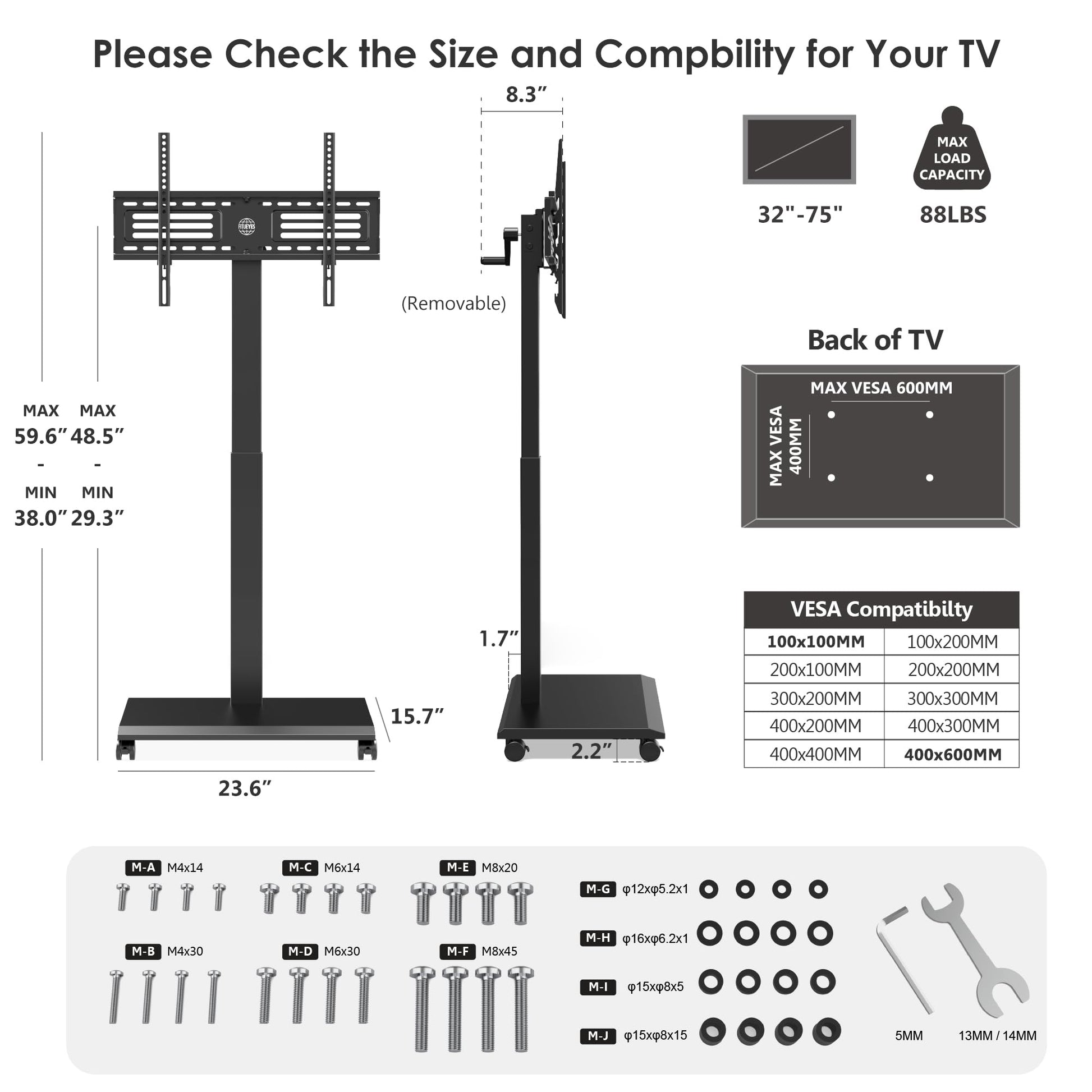FITUEYES Hand Crank Lift TV Stand with Wheels, Tilt & Swivel Rolling TV Stand for 32-75Inch TVs, Free Height Adjustable Mobile Television Stand Holds up to 88Lbs, Iron Base Max VESA 600x400mm - Medaid International