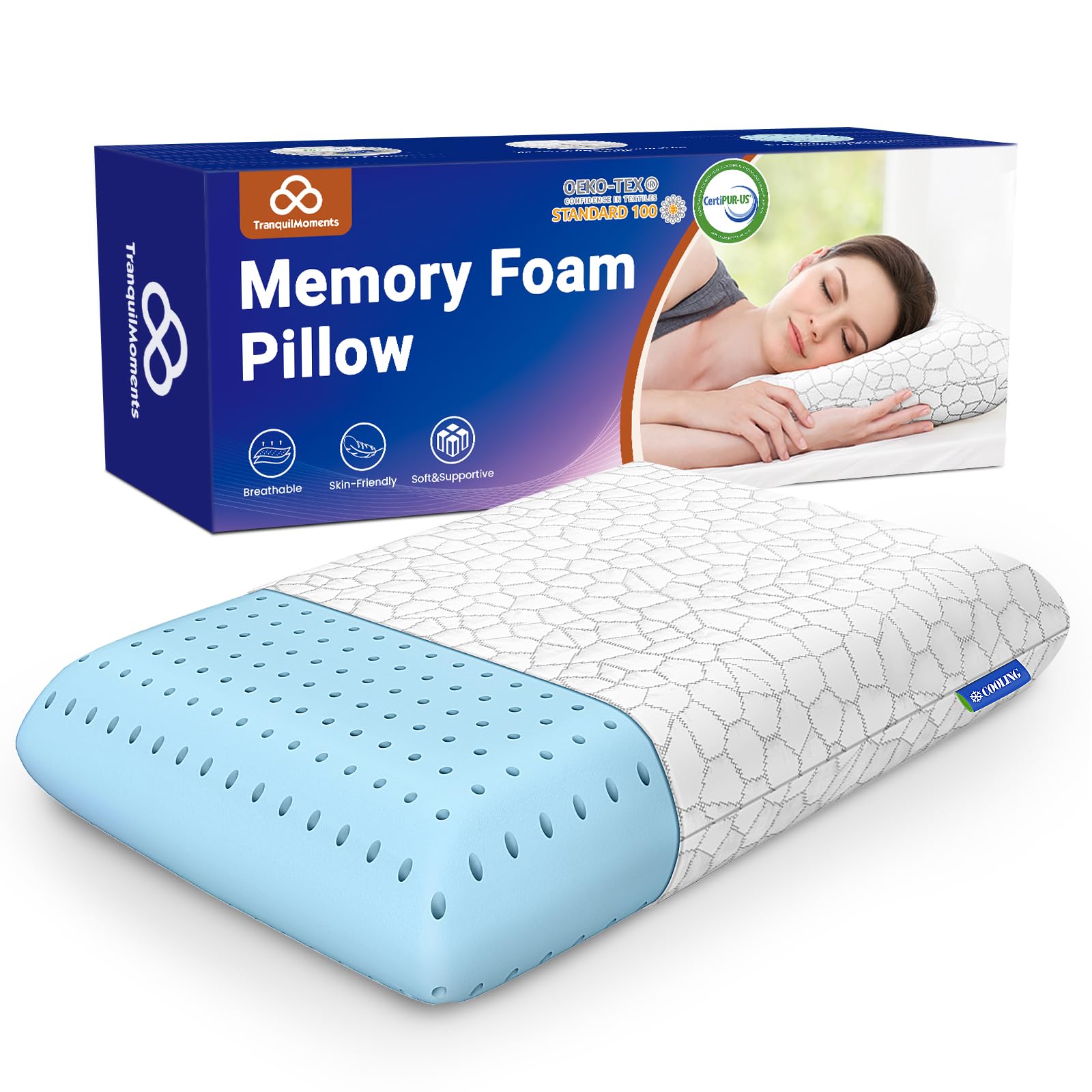 TranquilMoments Memory Foam Pillows, Bed Pillow for Side,Back and Stomach Sleepers,Neck Pillow for Sleeping with Removable and Machine Washable Cover, Standard Size (1 Pack) - Medaid International