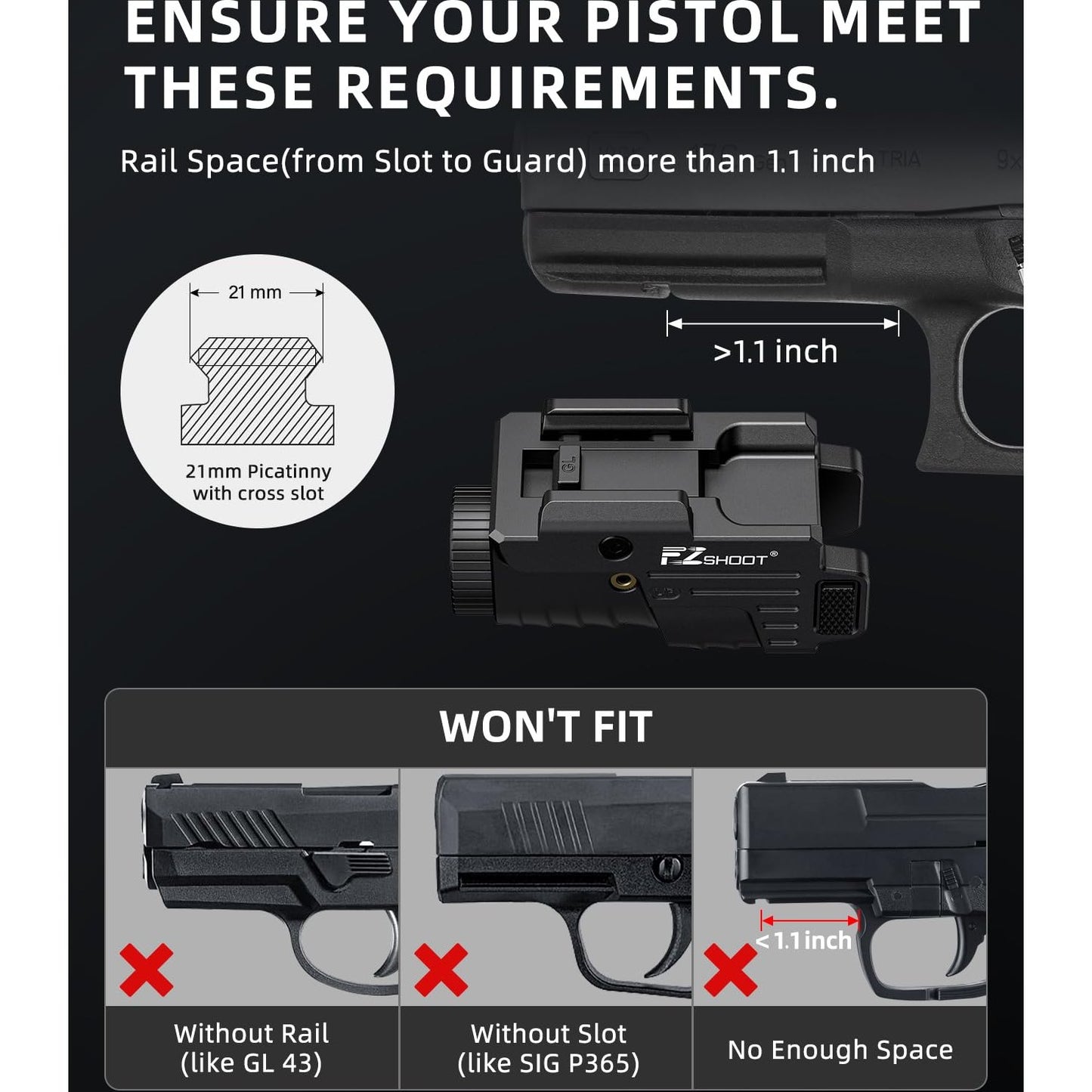 EZshoot 800 Lumens Pistol Light Laser Combo Rechargeable, Pistol Flashlight with Slidable Rail Compatible with Glock and Picatinny Rail, Tactical Flashlight with Green Laser Beam - Medaid International