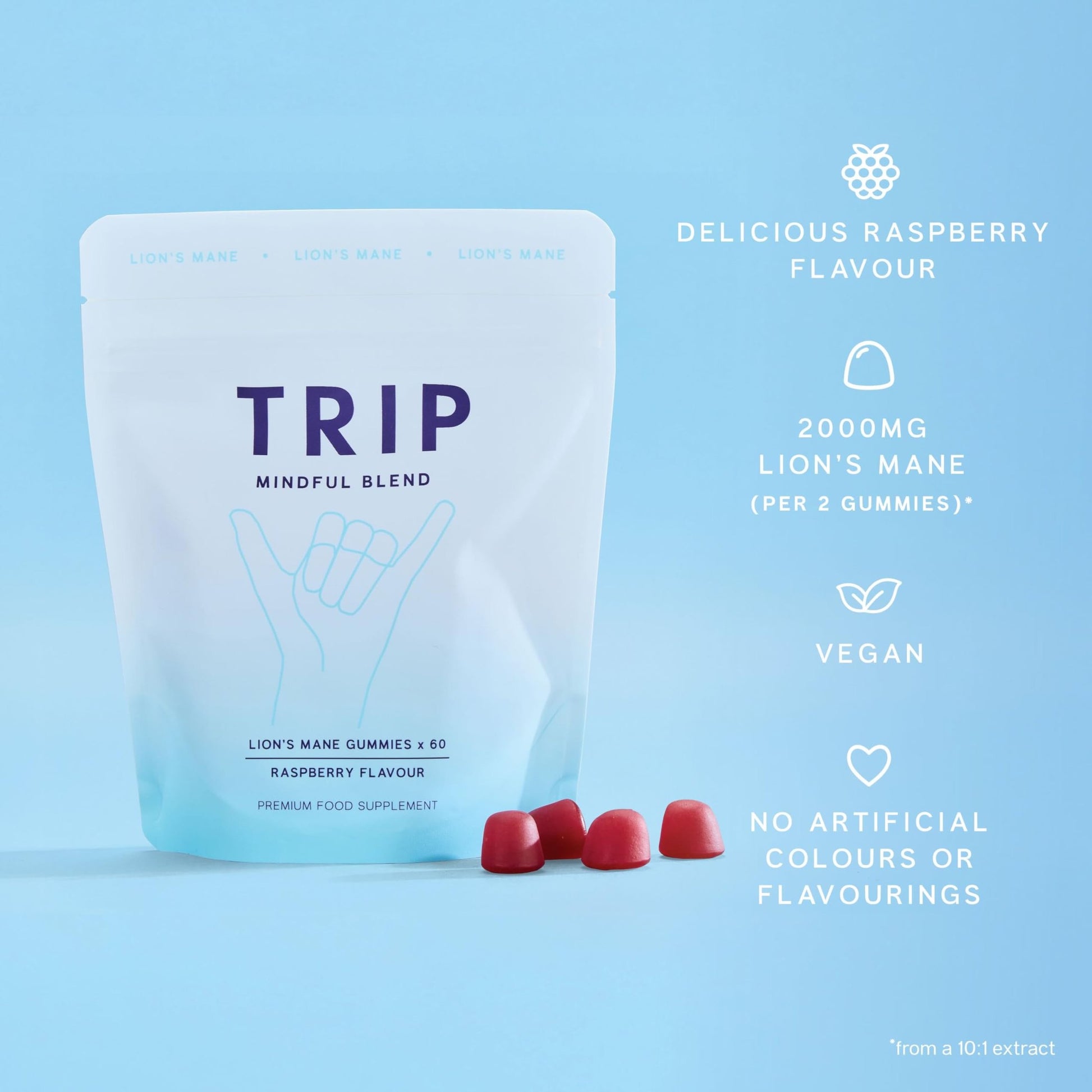 TRIP Lion’s Mane Gummies with 2000mg Lion’s Mane Mushrooms Extract Per Serving, Vegan, Naturally Flavored On the Go Chewable Gummy, Delicious Raspberry Flavor, 1 Bag, 60 Count - Medaid International
